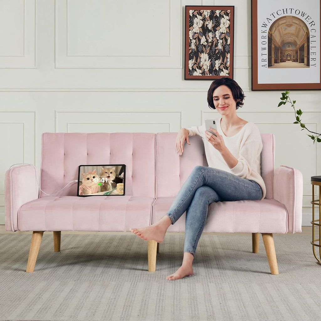 TYBOATLE 65' W Velvet Modern Convertible Folding Futon Couch Sofa Bed w/ 2 USB Charging Ports and arms, Loveseat for Compact Living Space, Dorm, Game Studio, Bonus Room, Apartment, Bedroom (Pink)