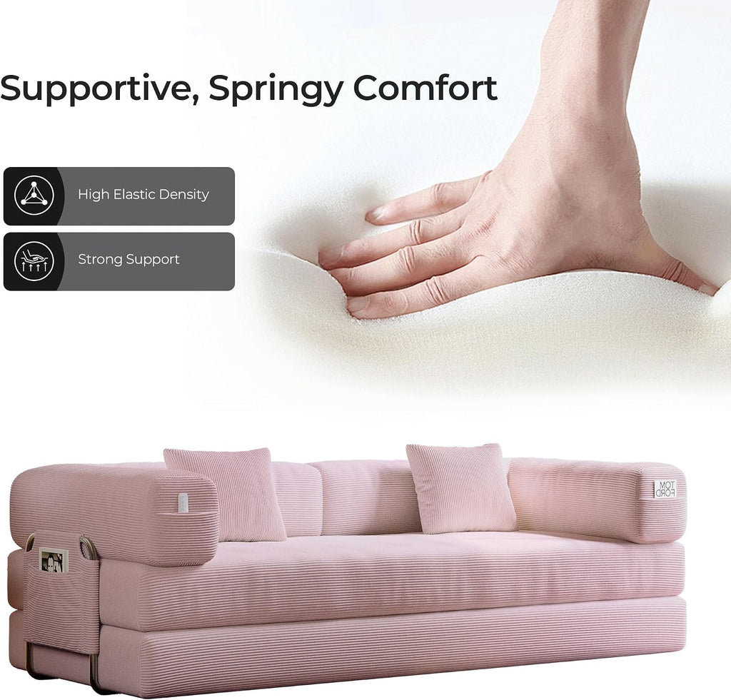 5-in-1 Folding Convertible Sofa Bed, Loveseat Sleeper with Pull-Out Bed, Floor Sofa Modular Futon Couch, 79' Oversized Corduroy Upholstered Boneless Couch for Living Room, Bedroom, Lounge, Pink-A