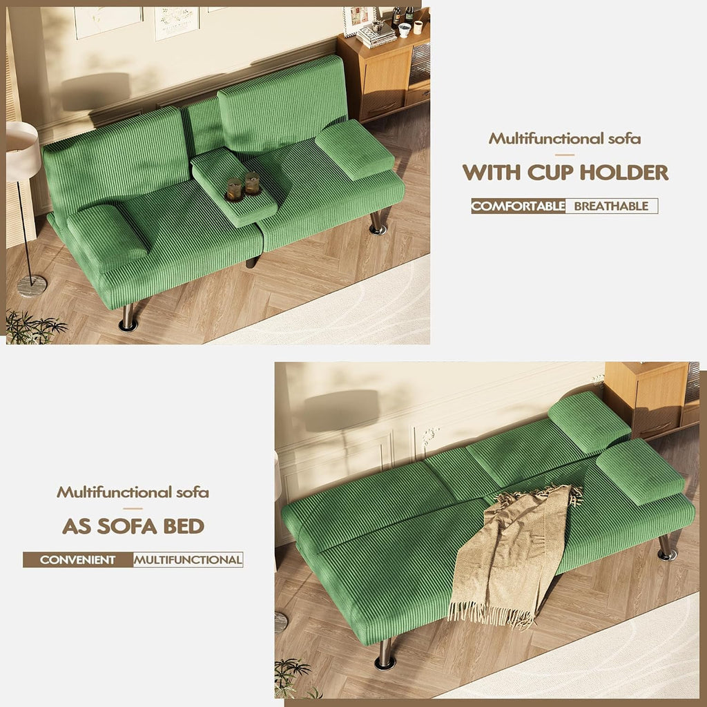 Homall Futon Sofa Bed, Futon Couch with Removable Armrests, Adjustable Recliner Sleeper Sofa Bed with Dual Cup Holders for Living Room, Apartment, Office (Corduroy, Green)