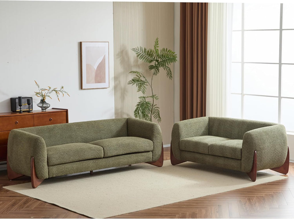 Christopher Knight Home Almad 2 Pieces Sofa Couch Set, Cozy 3-Seater Sofa and Loveseat for Living Room, Upholstered Couch Chair, Soft Seating Lounge Sofa with Wood Frame, Boucle Fabric, Olive Green