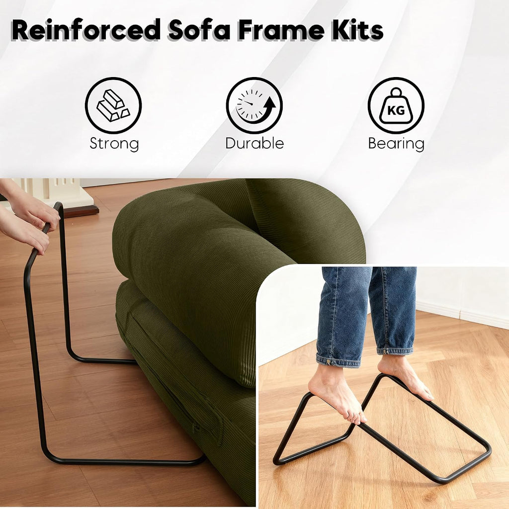 ZEIINPA Convertible Folding Couch Bed, Comfy Corduroy Sleeper Floor Sofa Bed with Fixed-Shape Frame, Floor Sofa with Armrest, Lounge Couch for Living Room Bedroom Lounge Studio, Green