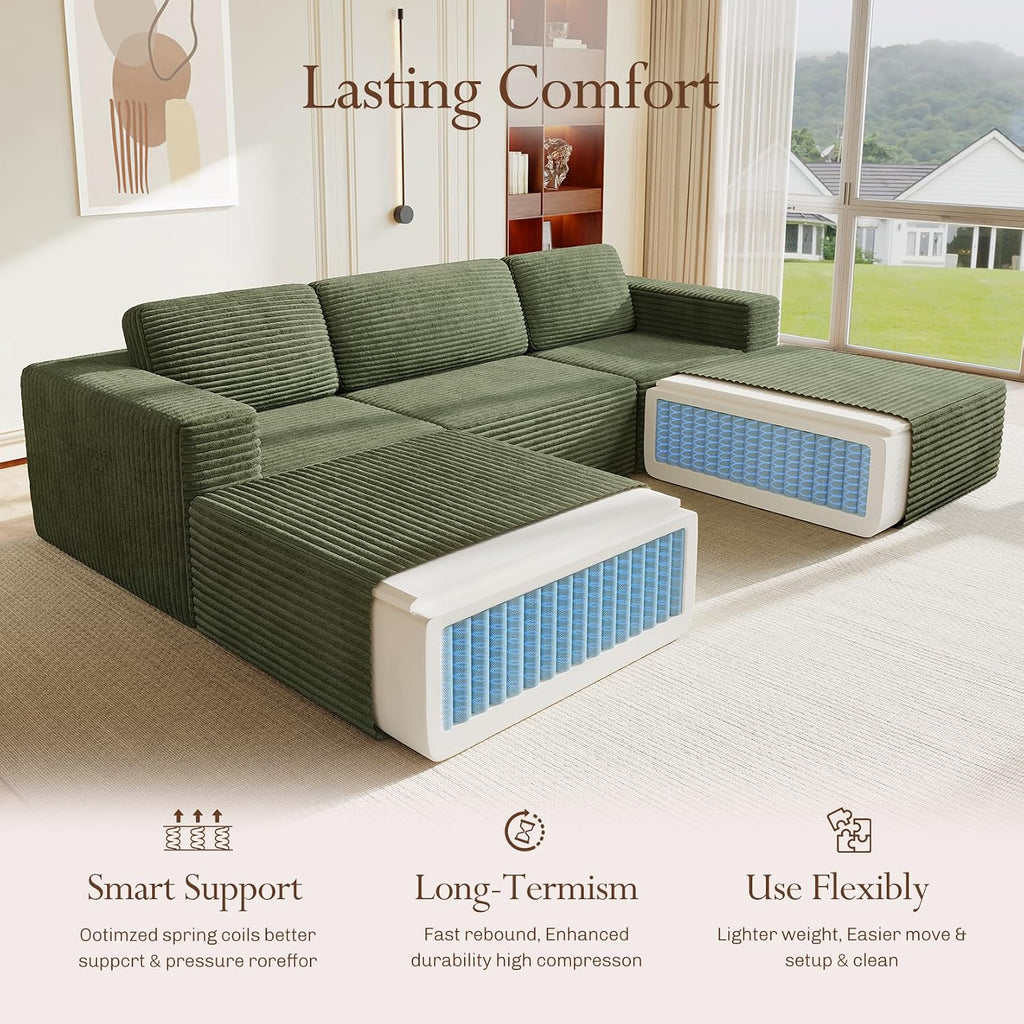 Vesgantti 119' Oversized U-Shaped Modular Sectional Sofa, Corduroy Cloud Couch with Deep Seating & Spring Support, Convertible Sofa with 2 Ottomans, Boneless Couch, No Assembly Required, Green