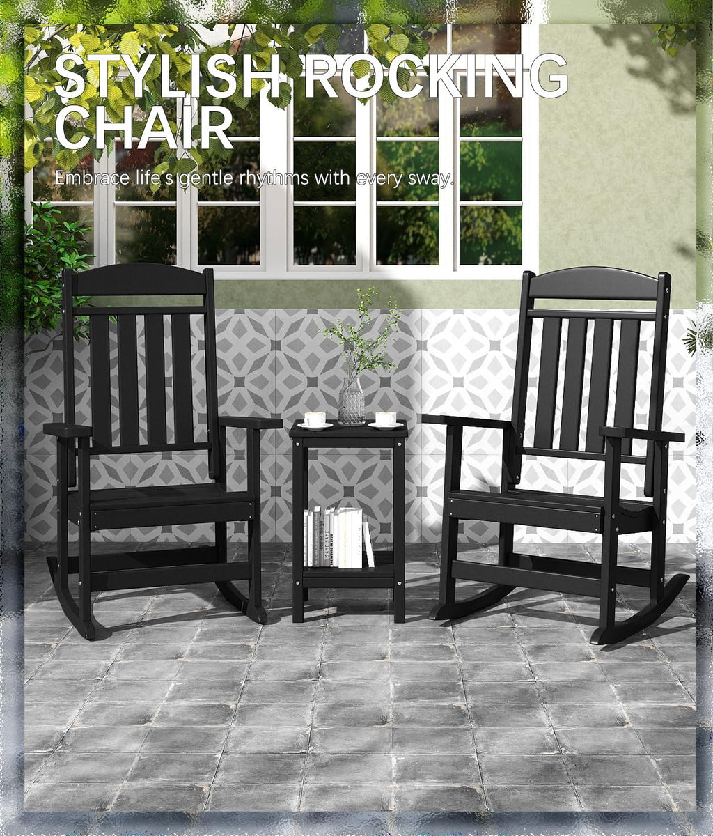 FOOWIN Outdoor Rocking Chair Set of 2, High Back Patio Rocking Chair, HDPE All Weather Resistant Porch Rocker for Adult, Oversized Rocking Chairs for Garden, Lawn, Indoor & Outdoor Use, Black