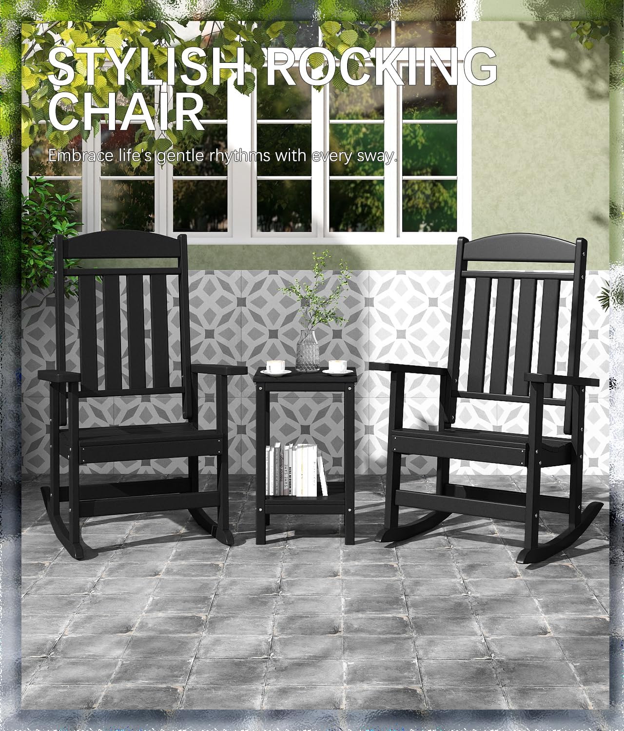FOOWIN Outdoor Rocking Chair Set of 2, High Back Patio Rocking Chair, HDPE All Weather Resistant Porch Rocker for Adult, Oversized Rocking Chairs for Garden, Lawn, Indoor & Outdoor Use, Black