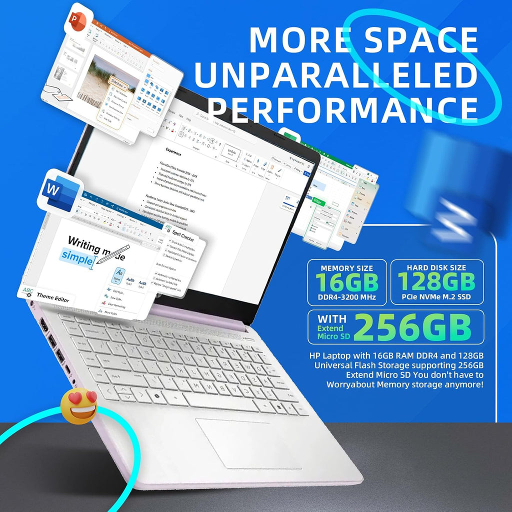 HP 14 inch Laptop for Students & Business • 1-Year Office 365 • 250nits Anti-Glare Display • Intel 4-Core CPU • Copilot • Win 11 Pro • Accessories • Wi-Fi 6 • 16GB RAM • 128GB UFS • 256GB SD Card