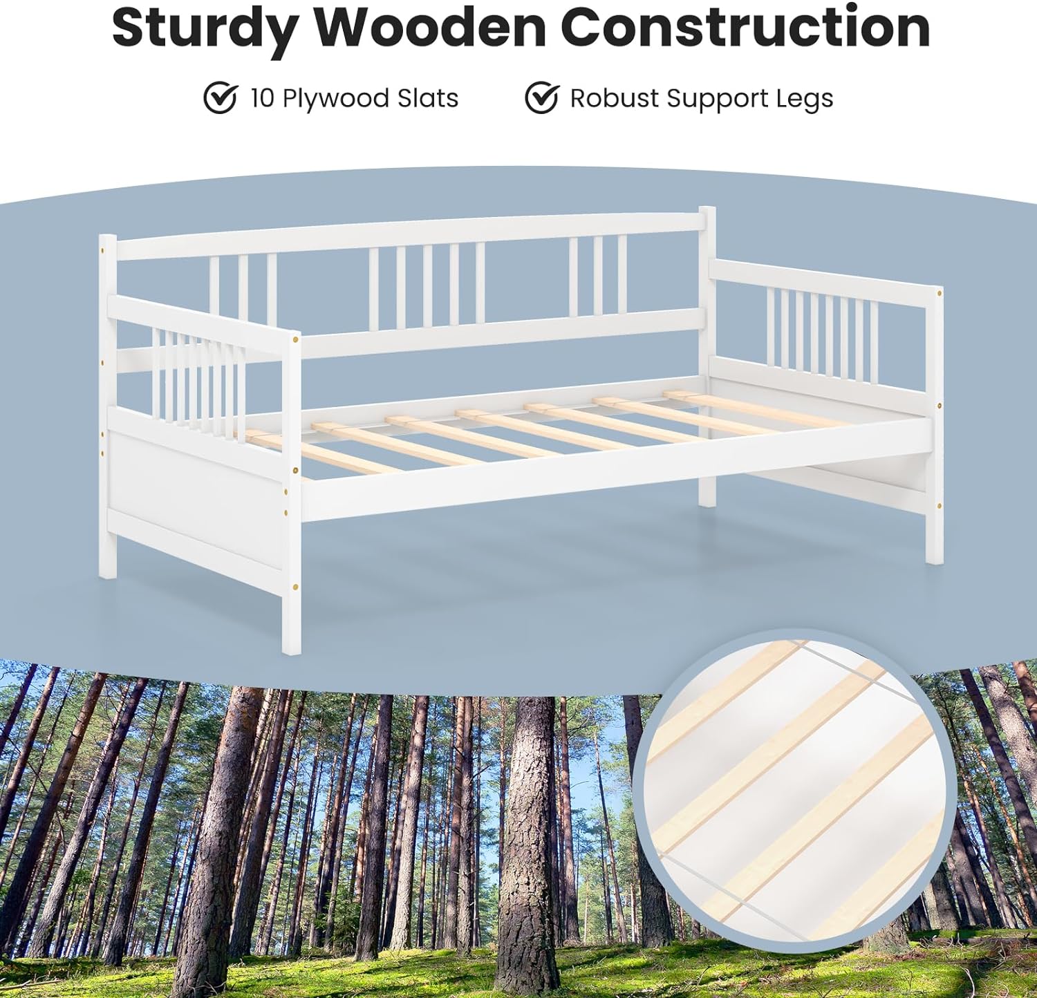 Giantex Twin Daybed Frame, Wooden Sofa Bed Guest Bed with Rails & Wood Slat Support, Dual-use Twin Size Platform Bed Frame for Living Room Bedroom, No Box Spring Needed, White