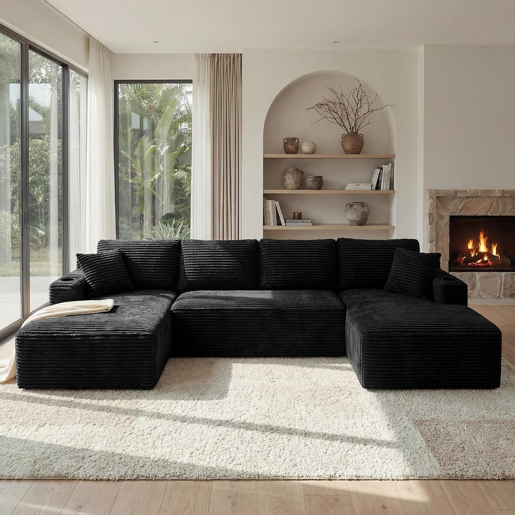 125 Inch Modular Sectional Sofa, Cloud Couch Oversized U Shaped Corduroy Sofa with Storage & Cupholders, Modern Deep Seat Boneless Couches for Living Room, No Assembly Required, Black