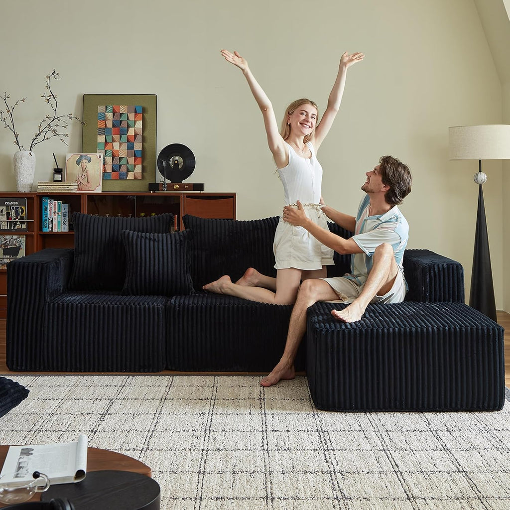 102' Black Couch for Living Room,Boneless Couch No Assembly Required,Comfy Couches with Oversized Chaise,Compressed Sofa for Any Room,Modern Sofa-Corduroy