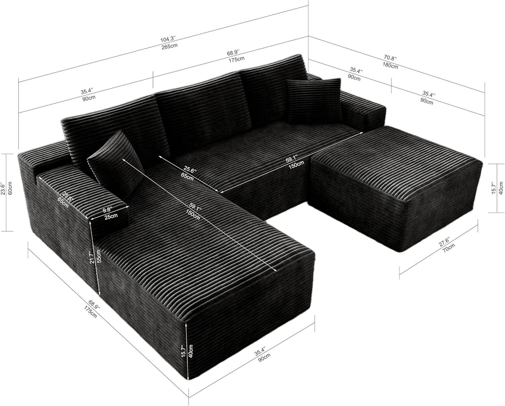 3-Piece Boneless Modular Sectional Sofa, Cloud Couch, Left Facing Chaise with Ottoman, Oversized Deep Seat, Soft Corduroy Fabric, Sectional Couch for Living Room-Black