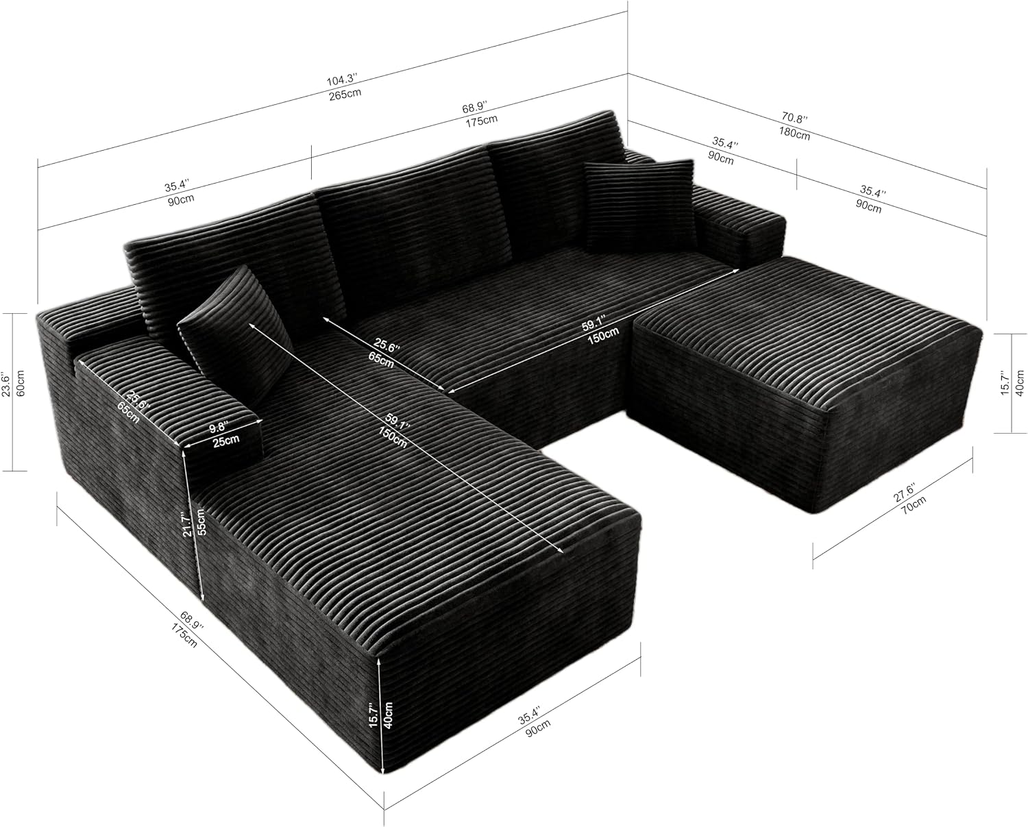 3-Piece Boneless Modular Sectional Sofa, Cloud Couch, Left Facing Chaise with Ottoman, Oversized Deep Seat, Soft Corduroy Fabric, Sectional Couch for Living Room-Black