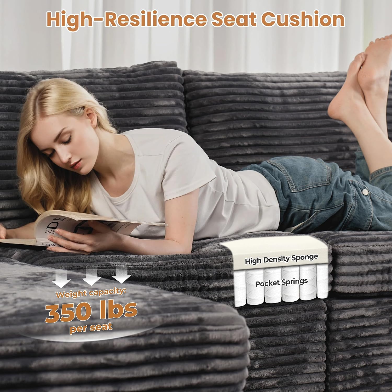 ovios Modular Sectional Sofa Couch with U-Shape Chaise Ottomans, Comfy Plush Corduroy Cloud Couches, Modern Deep Seat Sofas Set for Living Room, 9-Seater, Grey