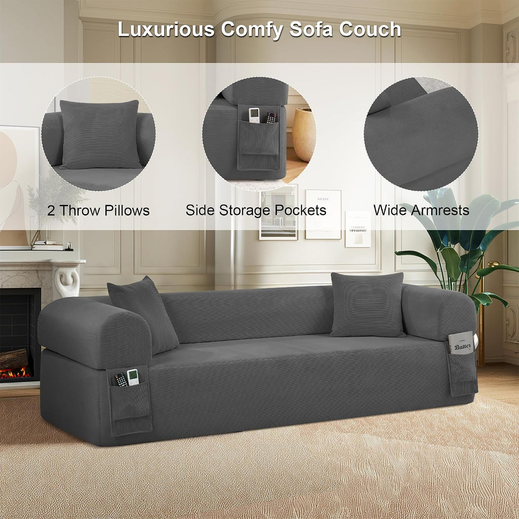 83'' Boneless Sofa in A Box, 3-Seater Floor Sofa No Assembly Corduroy Couch for Living Room, Cloud Couch with 2 Pillows & Storage Bag, Memory Foam Small Floor Couches for Office, Dark Gray