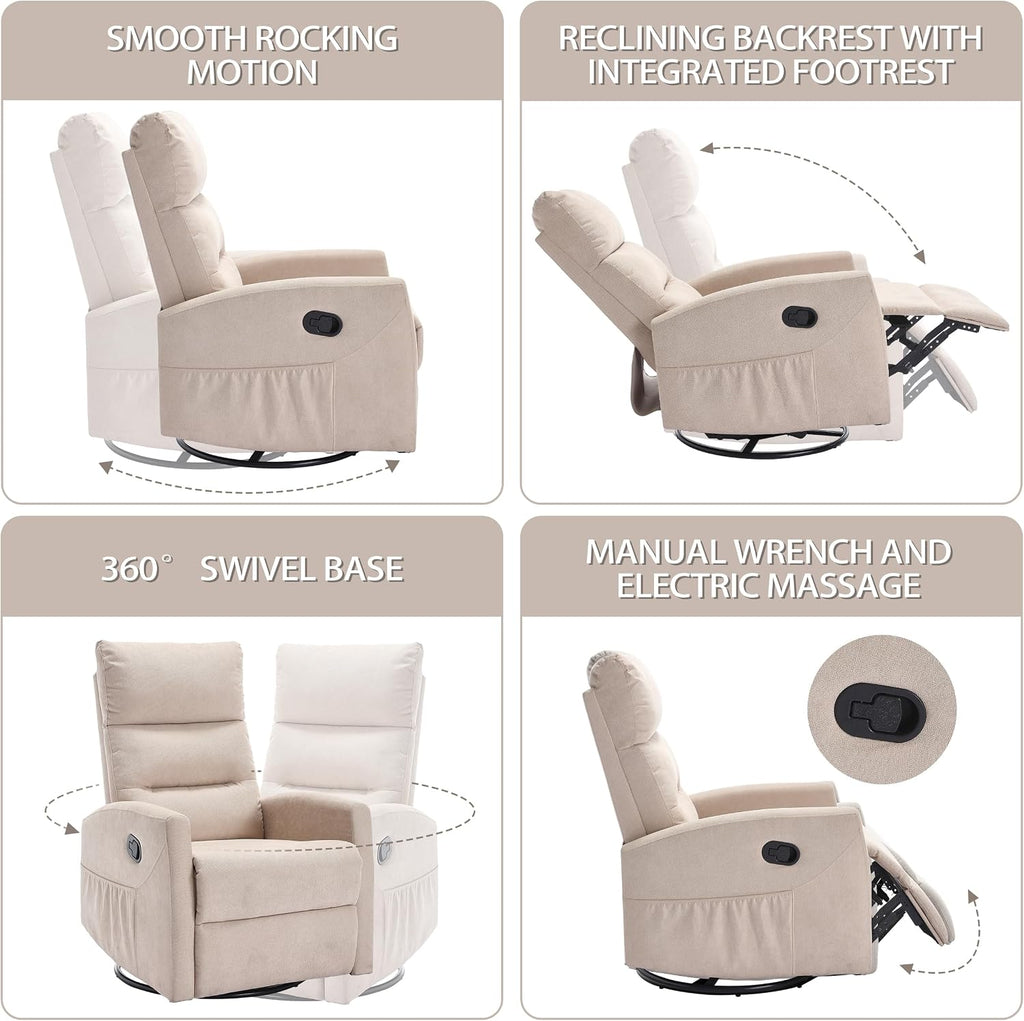 PELUMY Manual Recliner Chair, 360° Swivel Glider and Rocker Recliner with 155° Recline, Compact Fabric Recliner for Small Space, Nursery, Living Room, Bedroom, No Tools Assembly (Beige)