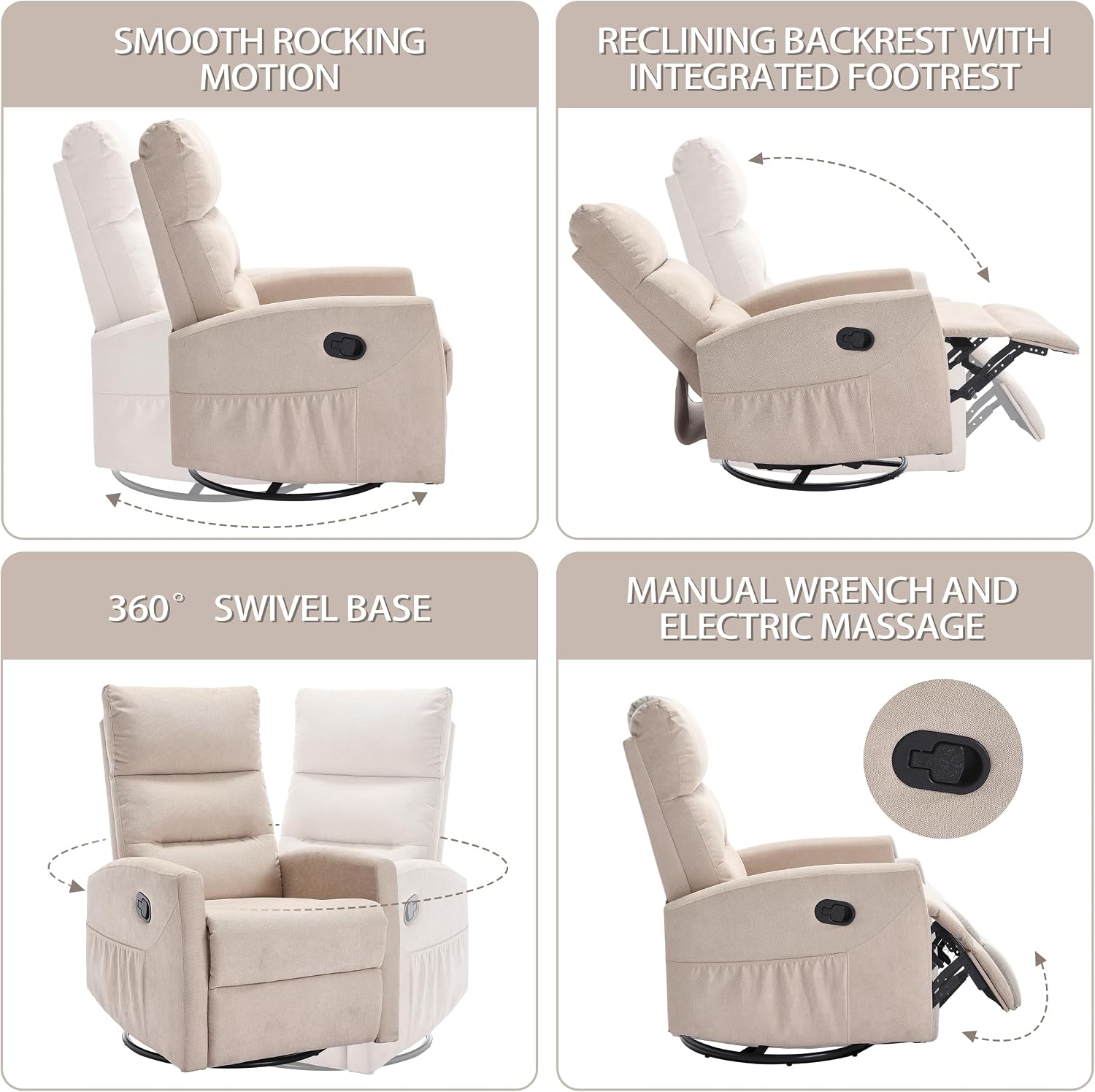 PELUMY Manual Recliner Chair, 360° Swivel Glider and Rocker Recliner with 155° Recline, Compact Fabric Recliner for Small Space, Nursery, Living Room, Bedroom, No Tools Assembly (Beige)