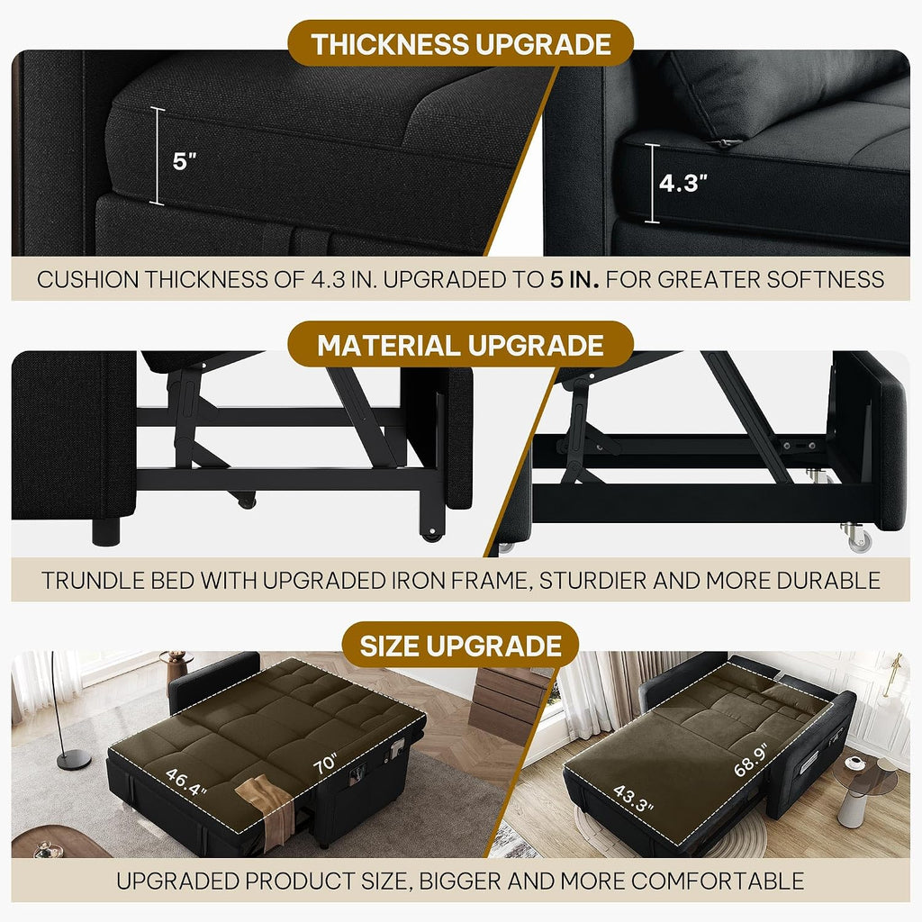 DWVO 55' Convertible Sofa Bed, 3-in-1 Sleeper Sofa with Pull-Out Bed, Linen Futon Couch with Adjustable Backrest and Side Pocket, Modern Loveseat for Living Room Apartment, Balck