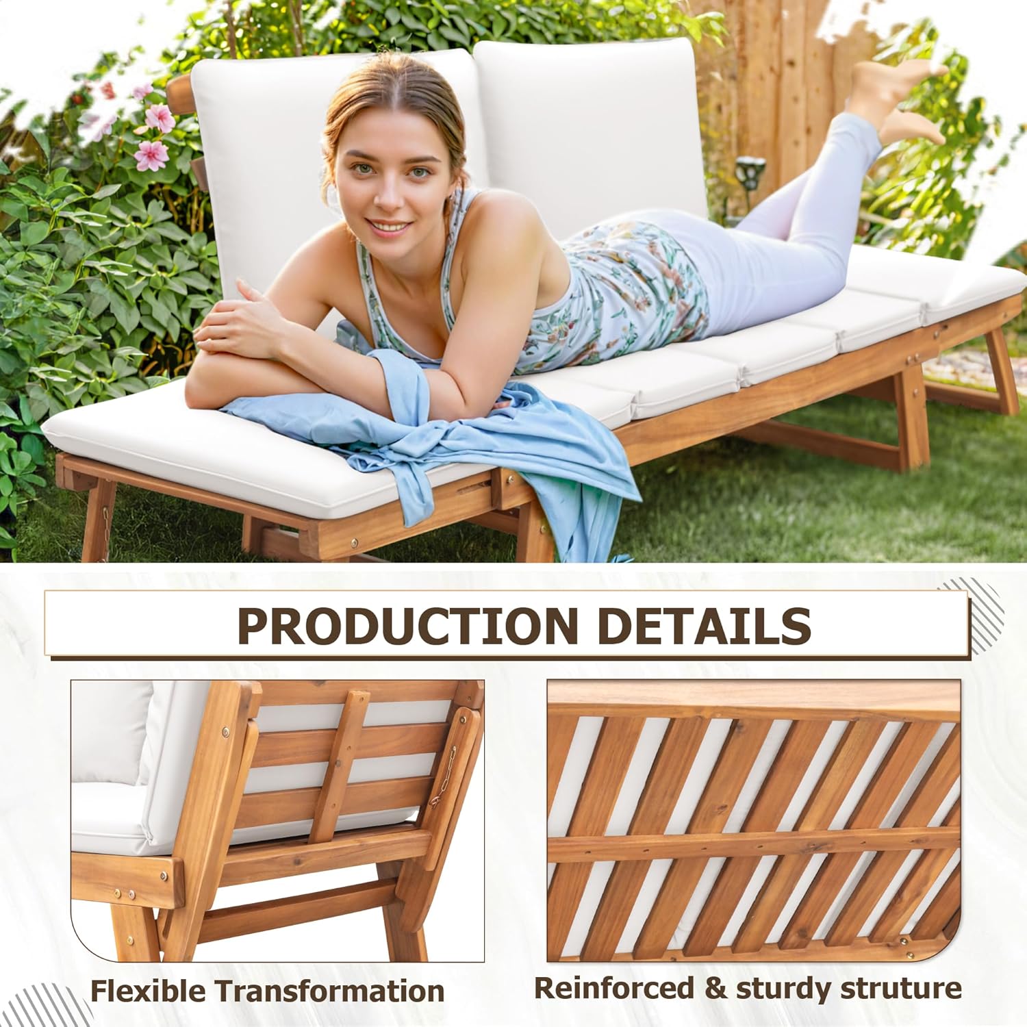 Devoko Outdoor Couch Acacia Wood Patio Couch with Adjustable Armrests, Outdoor Convertible Sofa with Removable Cushions & Pillows for Patio, Porch, Poolside(White)