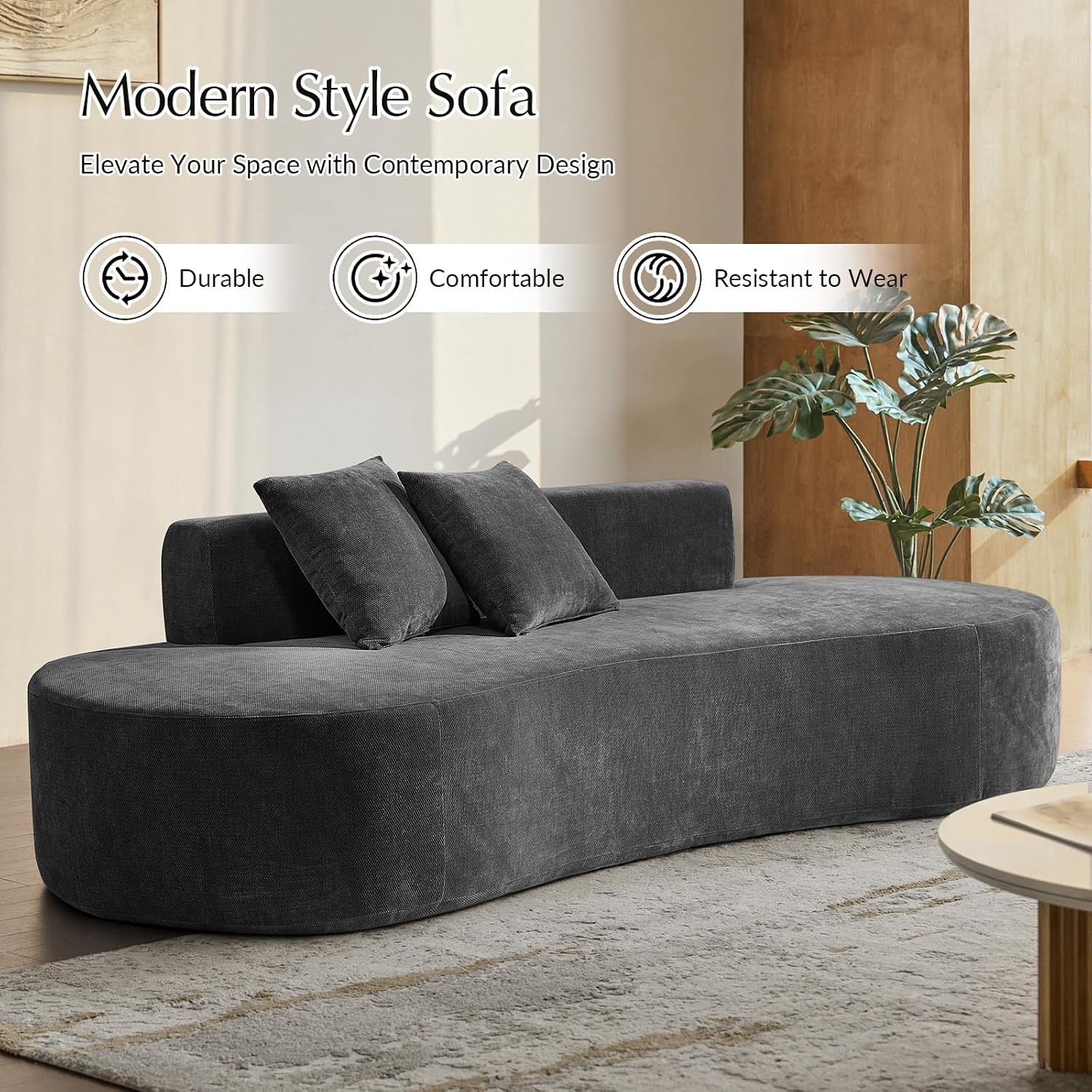 HULALA HOME 94.5' Curved Boneless Couch with Two Pillows, Oversized 3 Seater Compressed Foam Sofa with Deep Seat, Modern Cloud Couch for Living Room, No Assembly Required, Charcoal