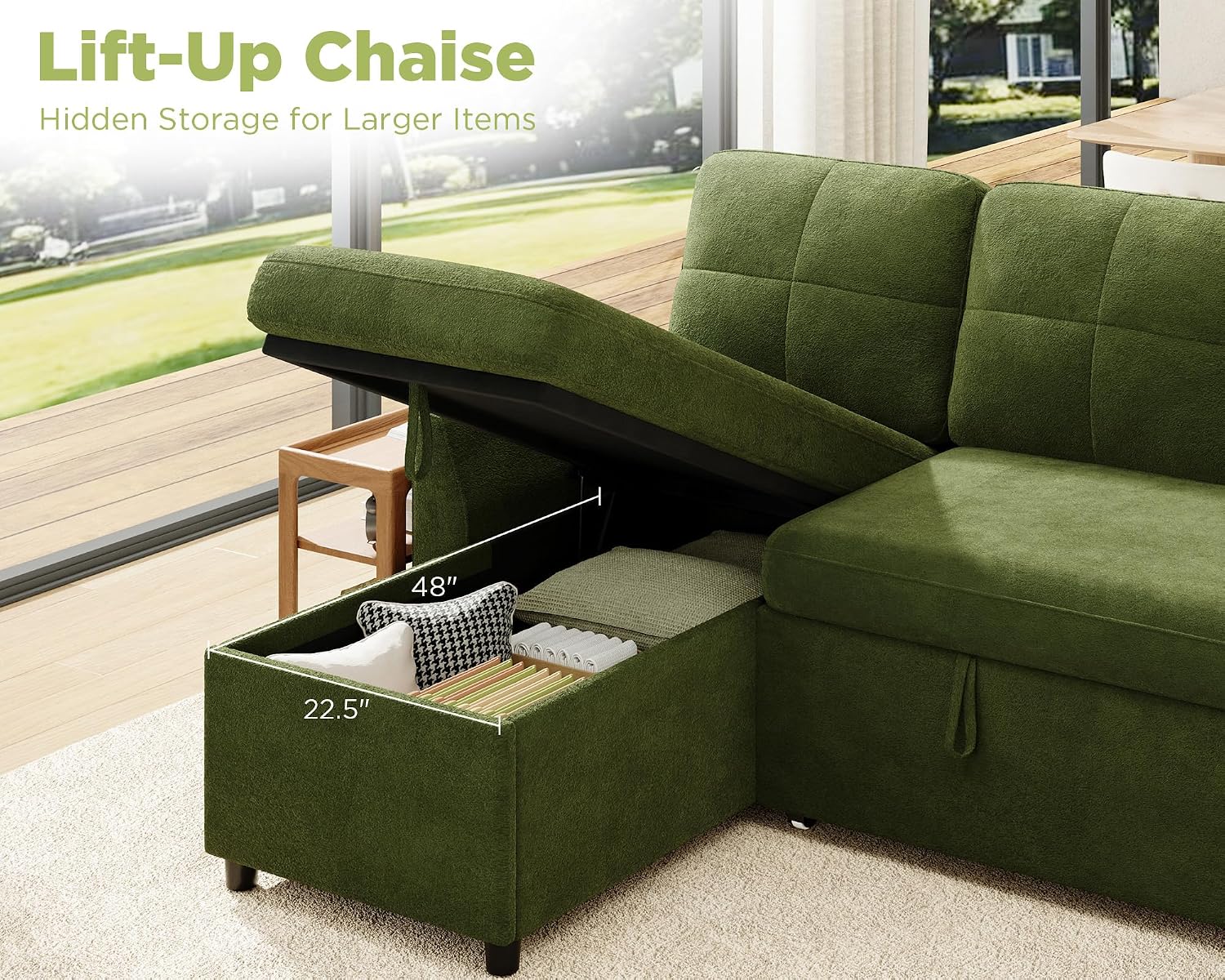 VanAcc Sleeper Sofa, Sofa Bed with Storage Chaise, Convertible Sofa Bed with Pull Out Couch, l Shaped Couch for Living Room, Linen Green