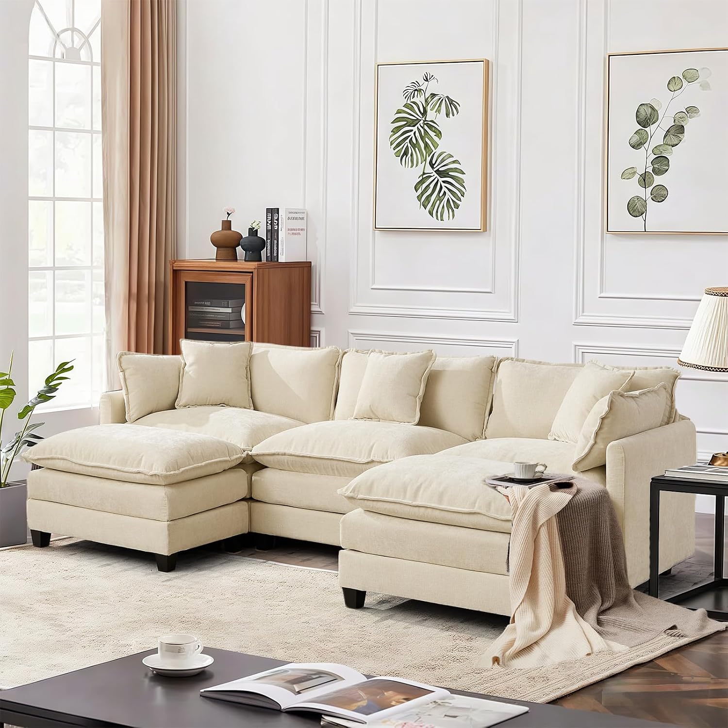 SoarFlash 113.78' Chenille Sectional Sofa, Comfy U Shaped Modular Coush Sofa with Ottoman, Modern 4 Seat Couch Deep Seat Sofa Set for Living Room,Beige