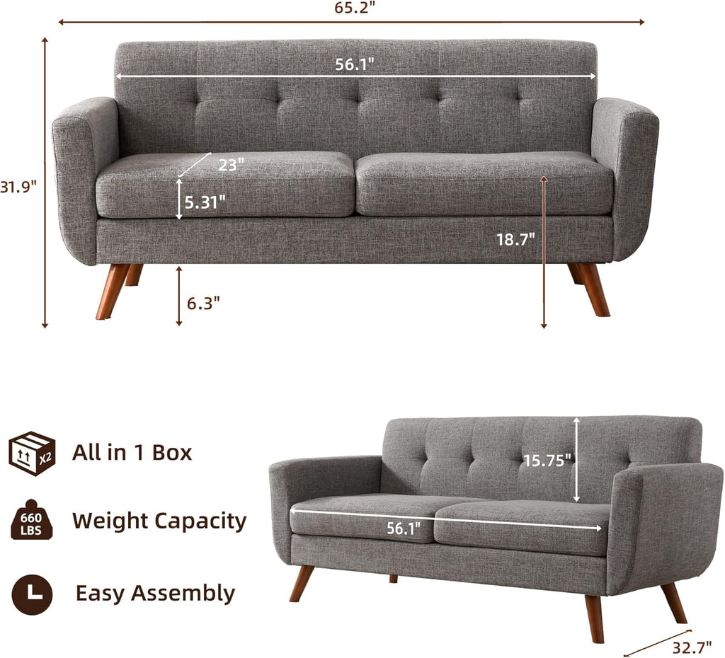 Tbfit 65' W Loveseat Sofa, Mid Century Modern Love Seat Couches for Living Room, Button Tufted Upholstered Small Couch for Bedroom, Solid and Easy to Install Love Seats Furniture, Ash-Colored