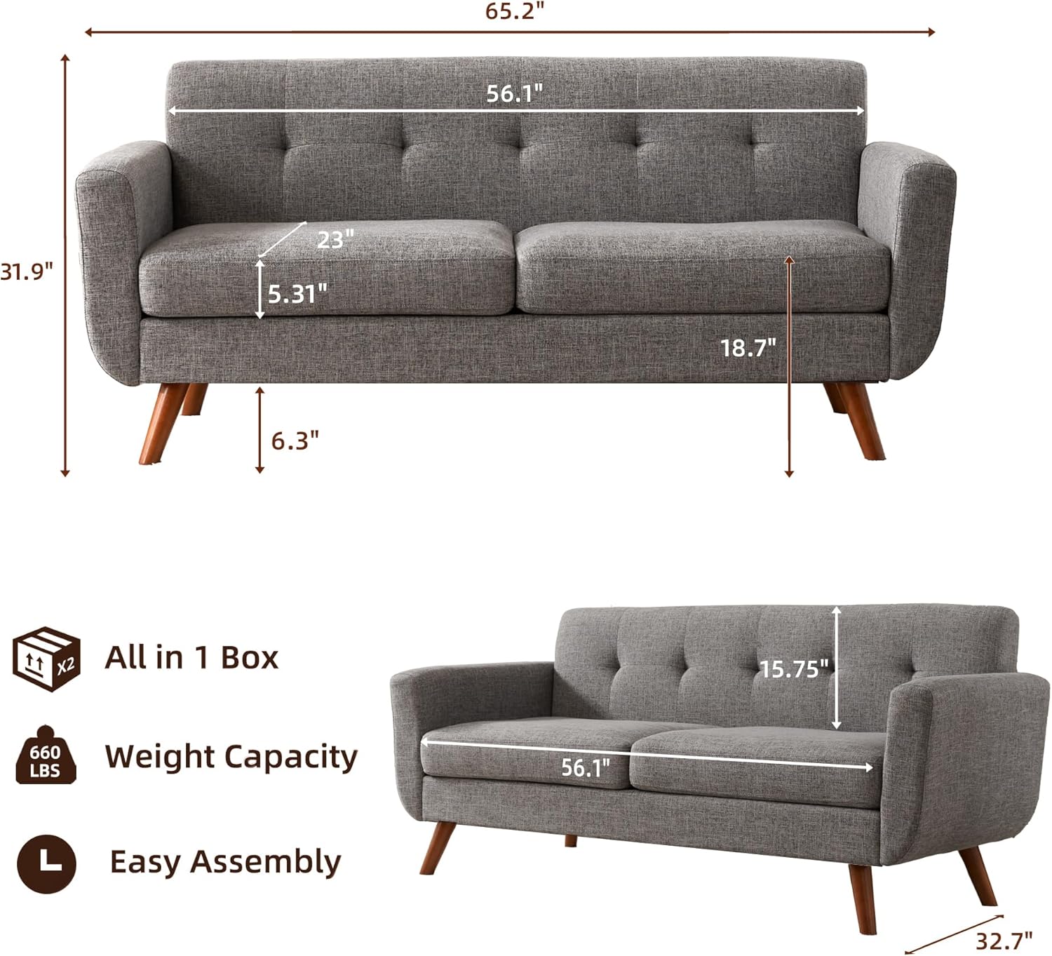 Tbfit 65' W Loveseat Sofa, Mid Century Modern Love Seat Couches for Living Room, Button Tufted Upholstered Small Couch for Bedroom, Solid and Easy to Install Love Seats Furniture, Ash-Colored
