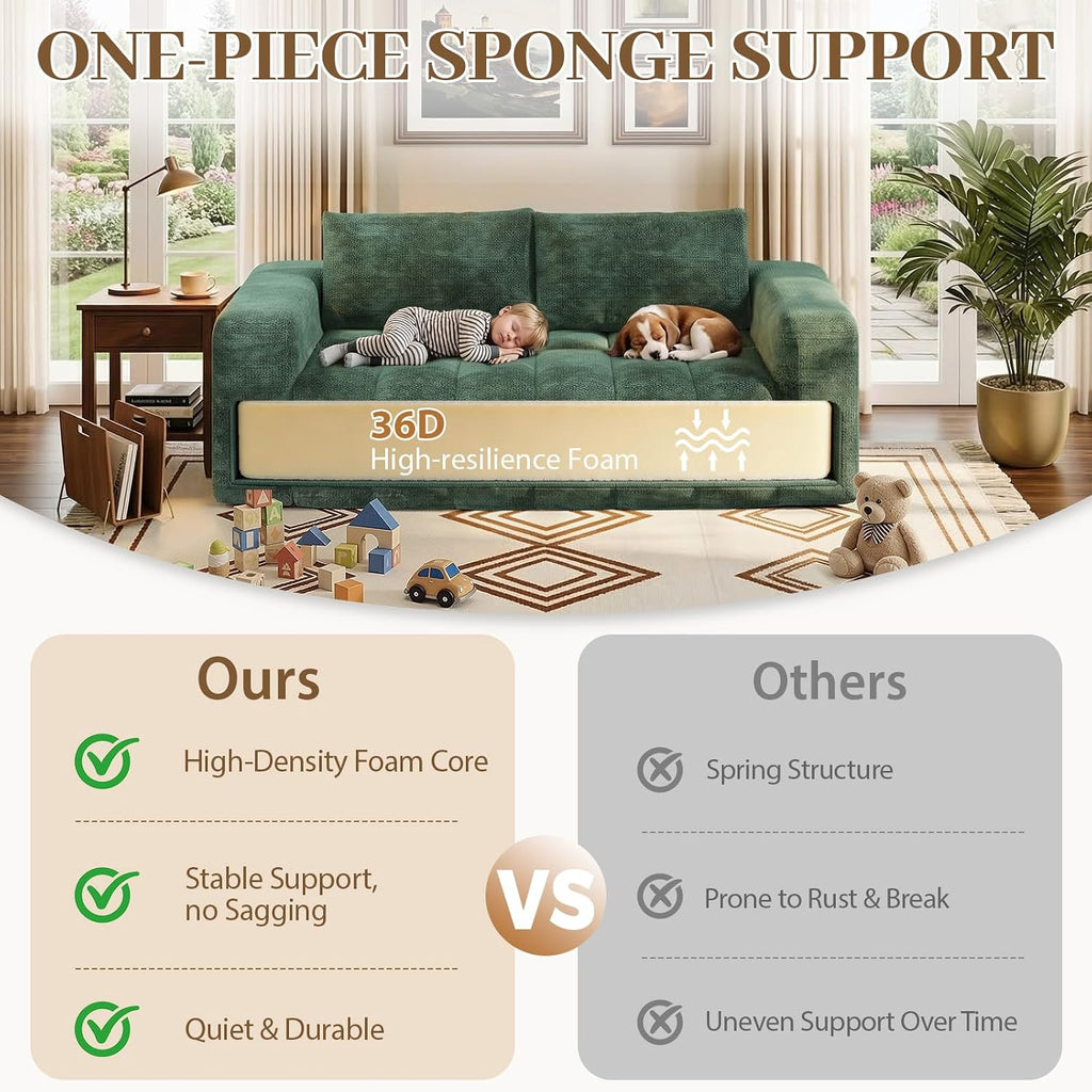 EROMMY 76'' Boneless Couch, 3 Seater Cloud for Living Room, Oversize Loveseat Sofa with Wide Armrest and 2 Back Support, No Assembly Required Chenille Soft Sofa, Dark Green