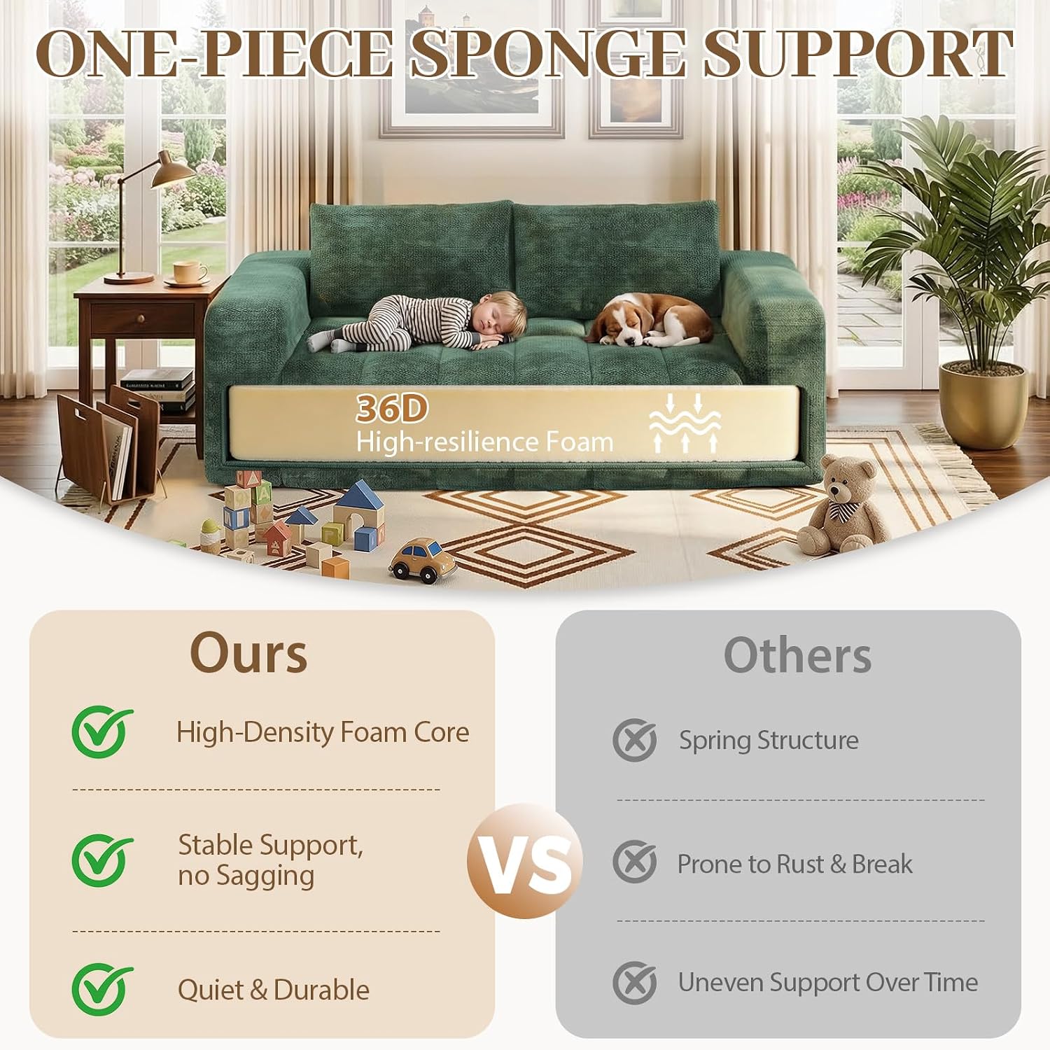 EROMMY 76'' Boneless Couch, 3 Seater Cloud for Living Room, Oversize Loveseat Sofa with Wide Armrest and 2 Back Support, No Assembly Required Chenille Soft Sofa, Dark Green