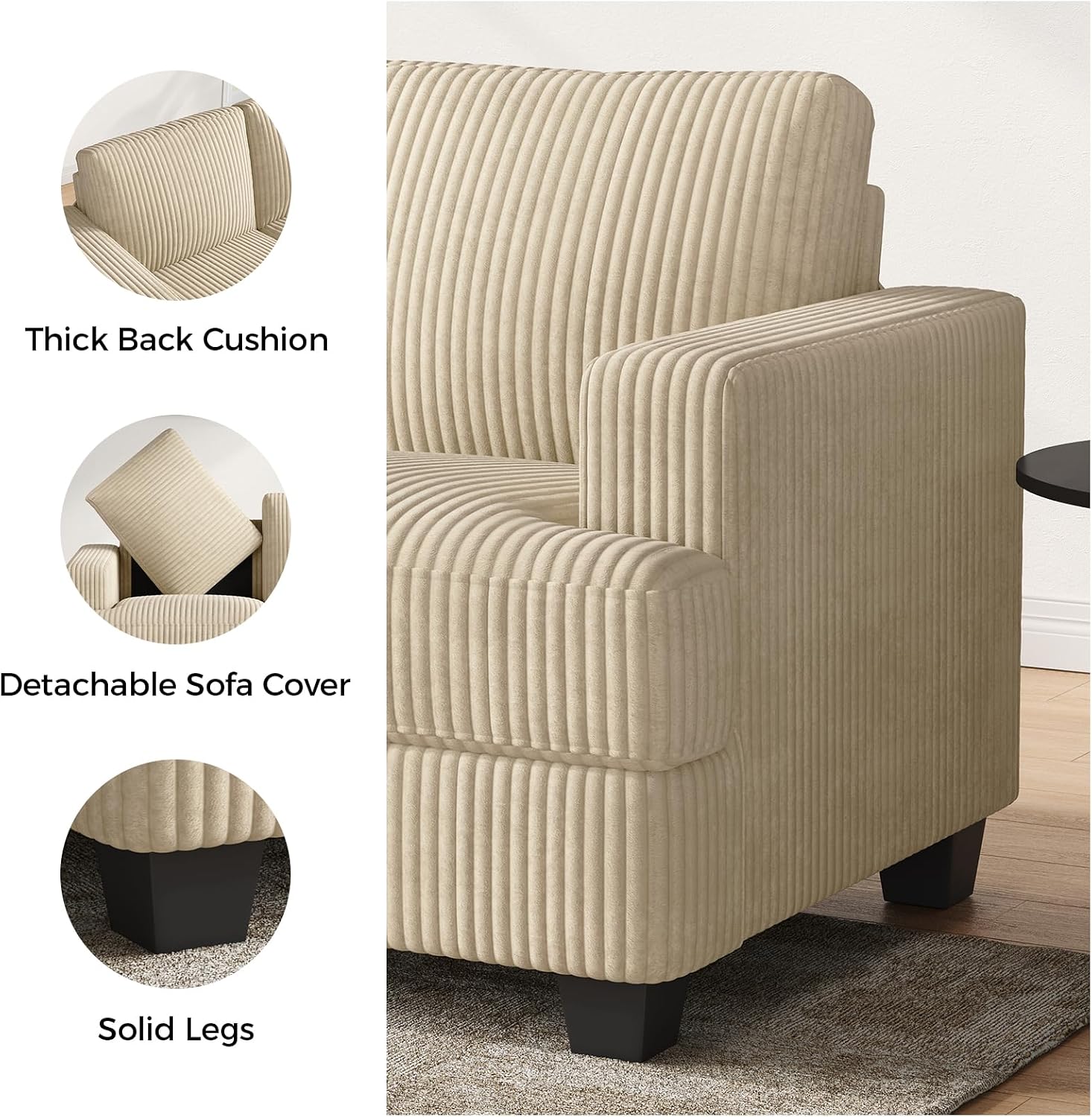 COPIAE 89 Inch Sofa with Extra Deep Seats Oversize, 3 Seater Sofa for Living Room, Modern Couch and Sofa, Comfy Armrests and Seats and Backrests, Easy Installation,Wide Corduroy Fabric Beige