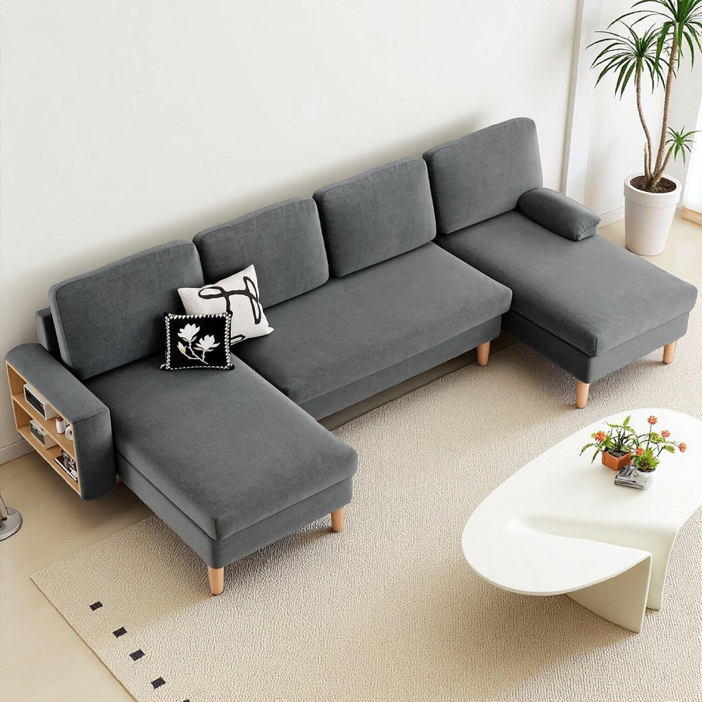 DWVO 109'' U-Shaped Sofa, 4-Seat Cloud Couch with Double Chaise, Storage Armrests & Cup Holder, Thick Cushions, Durable Wood Frame for Living Room