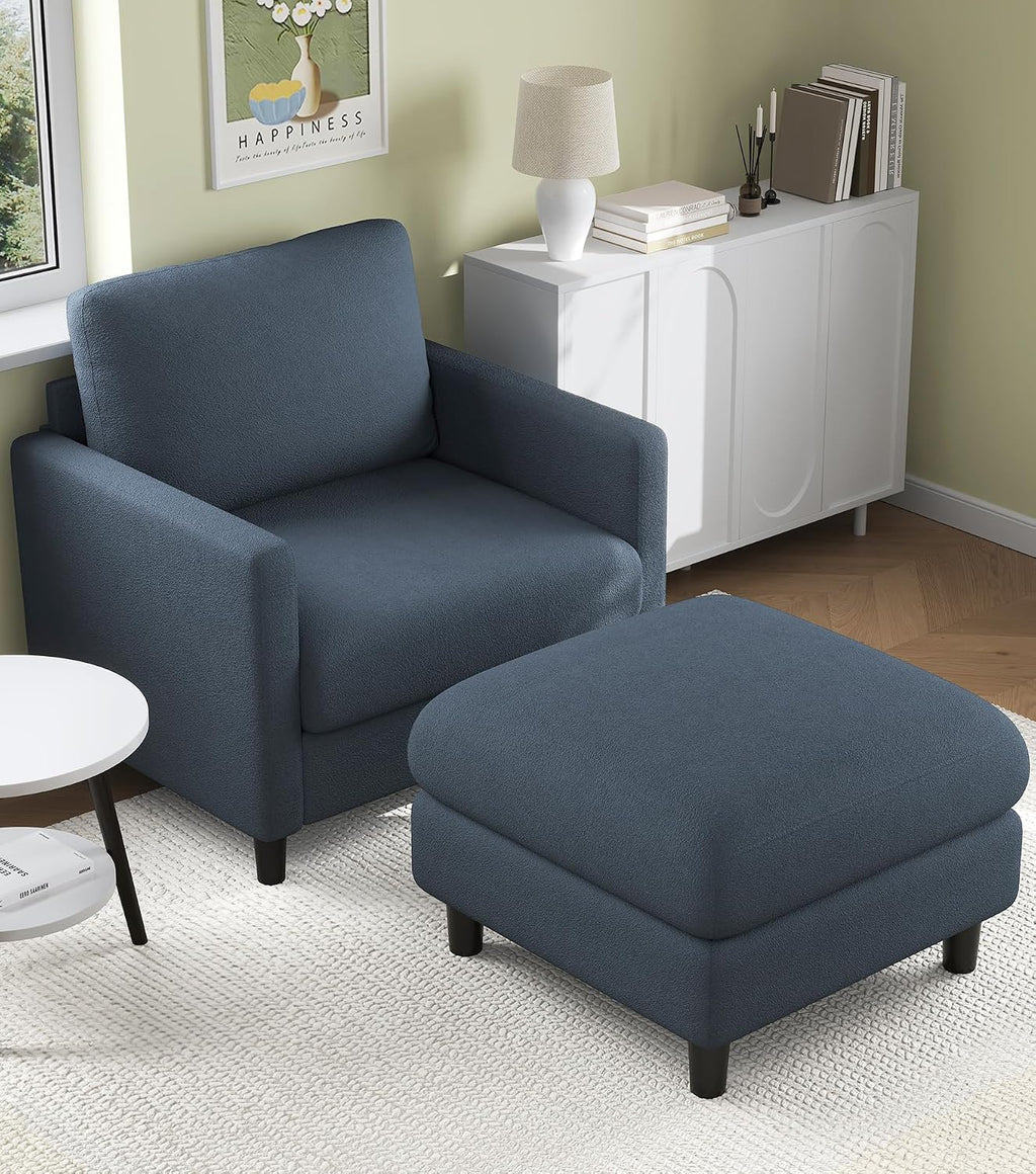 Welzona Sofa Accent Chair with Ottoman, 33' Reading Chair and Ottoman Set for Bedroom, Tool-Free Setup Living Room Accent Chairs, Comfy Arm Chairs Living Room, All-Wood Reading Nook, Blue Grey