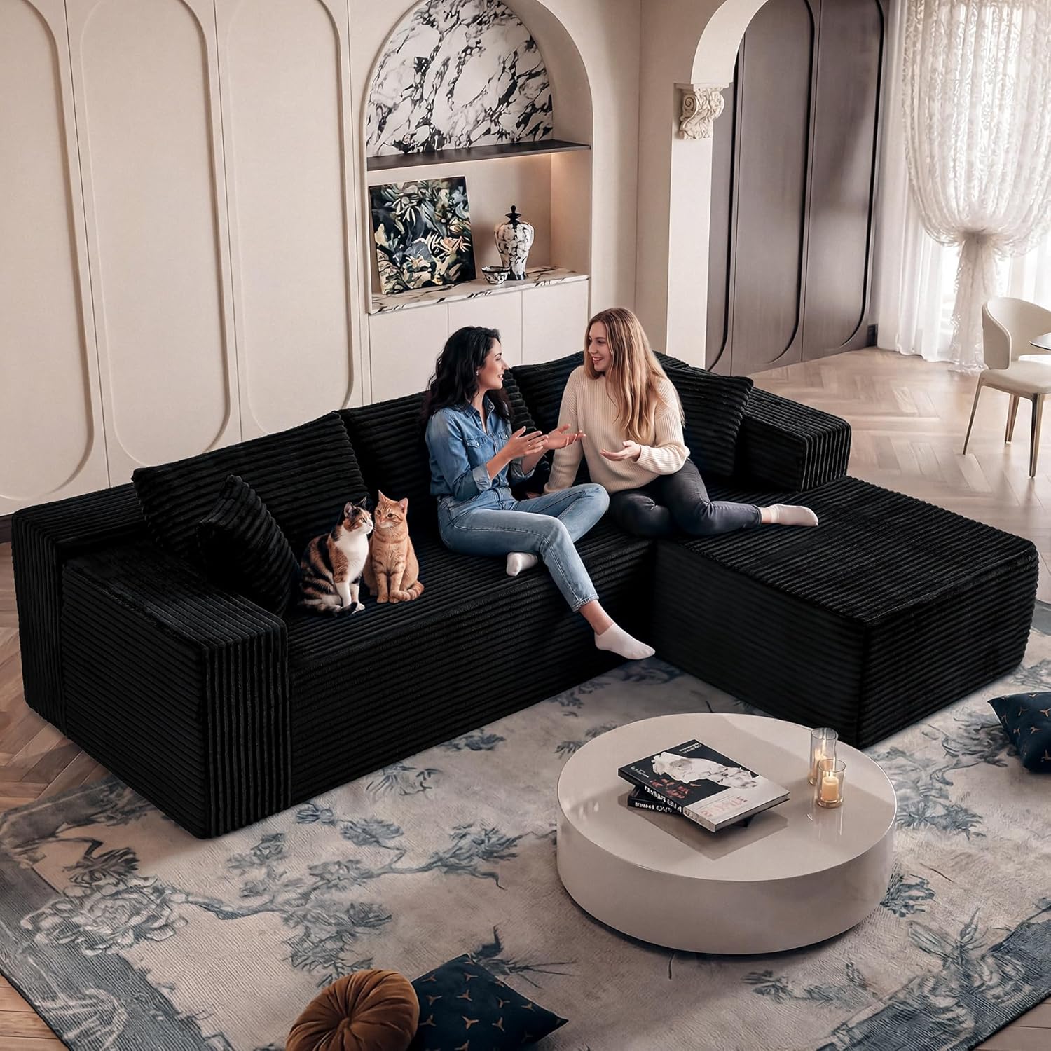 Black Sectional Couch for Living Room - 108' Modular Cloud Sofa with Chaise, Ultra Soft Corduroy L-Shaped Large Couches, Boneless Deep Seat Sectional Couch, No Assembly Required (Left Facing Chaise)