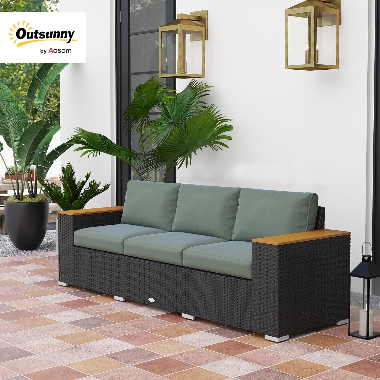 Outsunny 3-Seat Outdoor Patio Sofa with 24.5' Extra Wide Deep Seats, PE Wicker Sofa with Wide Wood Effect Armrests and 4' Cushions, Rattan Outdoor Couch for Porch, Garden, Poolside, Dark Gray