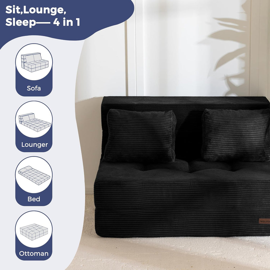 MAXYOYO Convertible Sofa Bed, Fold Out Loveseat Sleeper Sofa with Pillow, 4 in 1 Tufted Folding Couch Bed Foam Floor Couch, Lazy Chair for Living Room Bedroom Guest Room, Black