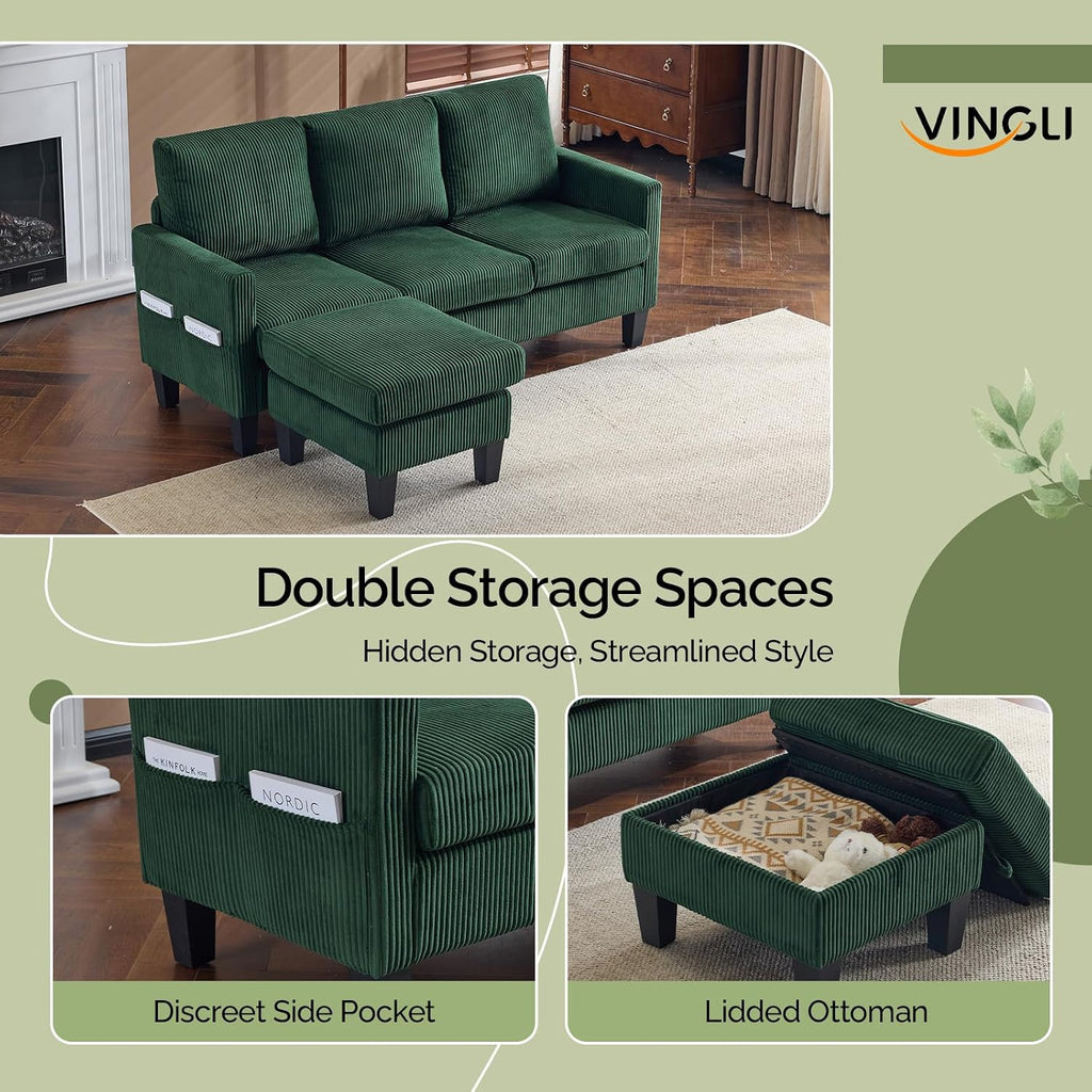 VINGLI 68.5' L Shaped Couch with Movable Storage Ottoman, Convertible Sectional Sofa in Soft Corduroy Fabric, Modern Reversible Chaise Couch for Small Spaces, Apartment, Living Room，Dark Green