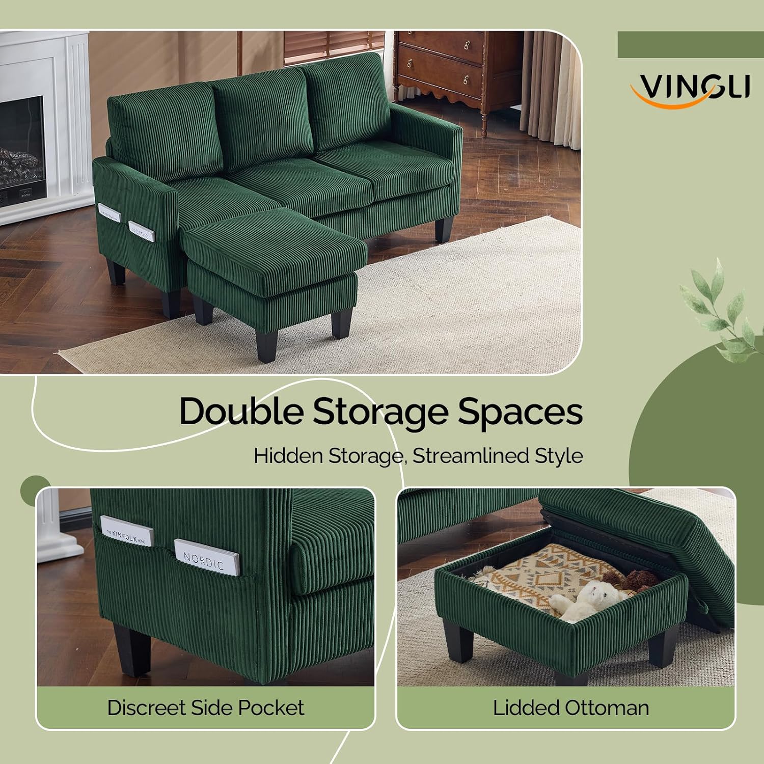 VINGLI 68.5' L Shaped Couch with Movable Storage Ottoman, Convertible Sectional Sofa in Soft Corduroy Fabric, Modern Reversible Chaise Couch for Small Spaces, Apartment, Living Room，Dark Green