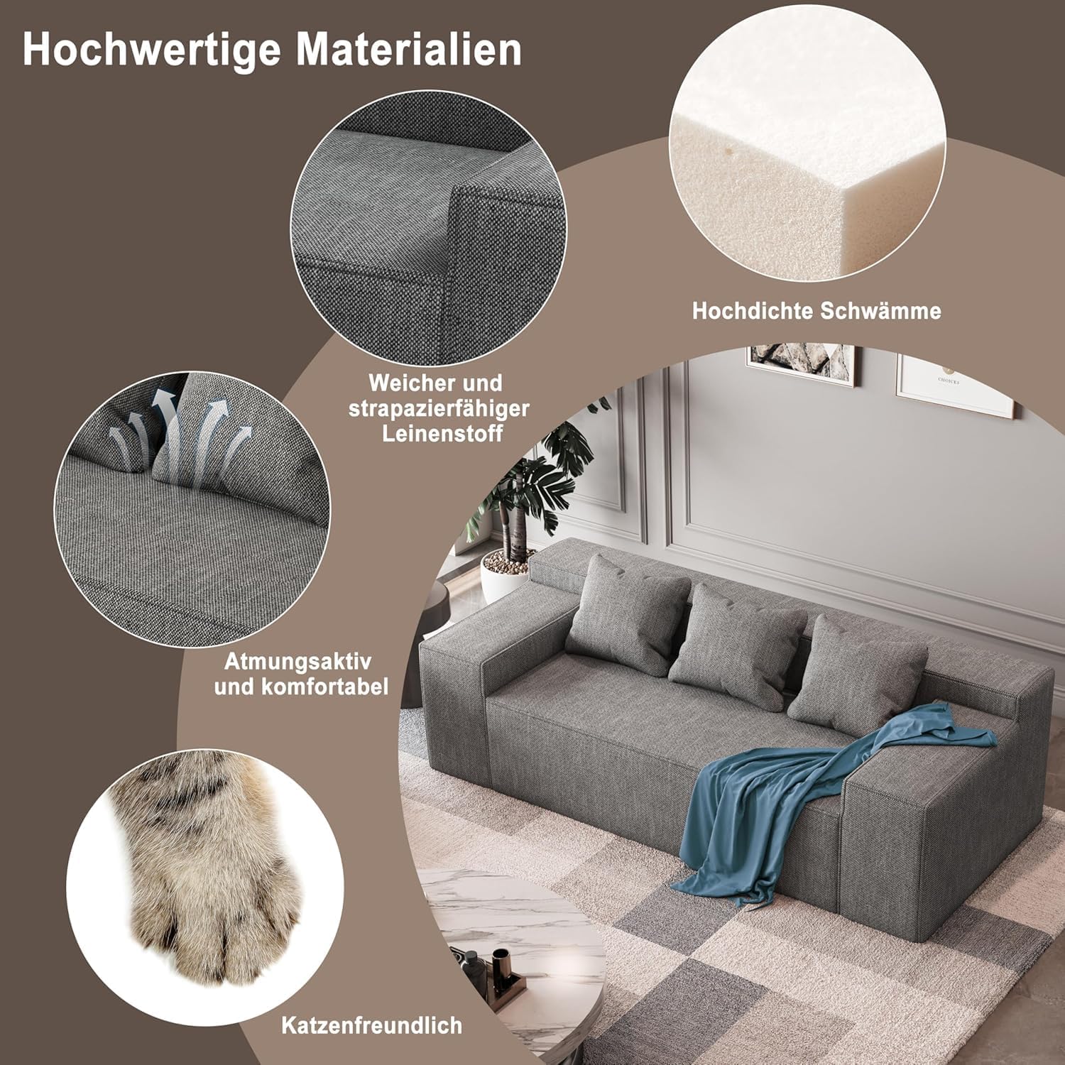 PurrJoys Modular Sectional Sofa, 3 Seater 105' Deep Seat Corduroy Lounge Sofa with Movable Cushions, Modular Couch for Small Spaces, Living Room, Bedroom, Apartment, Office - Gery