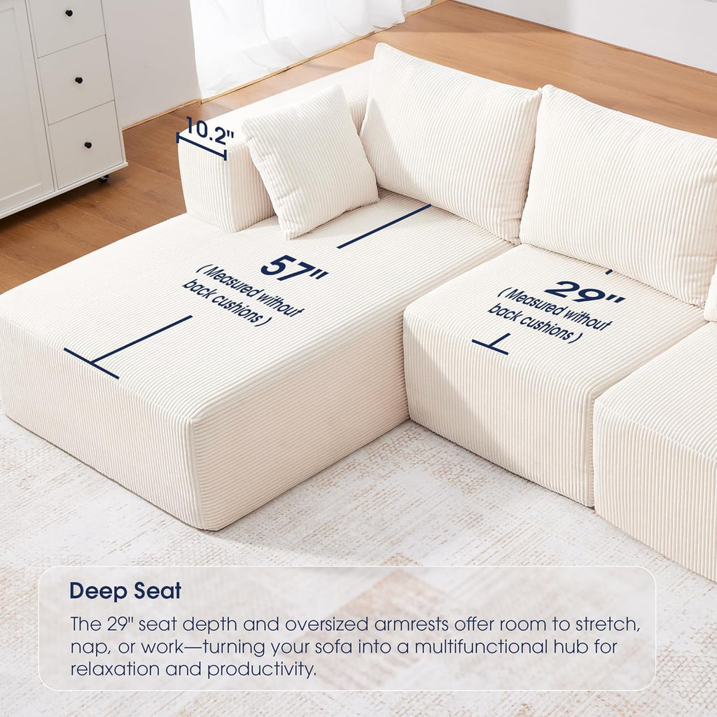 KINGYES 107'' Modular Sectional Sofa, L Shaped Cloud Couch for Living Room, Modern Plush Corduroy Boneless Sofa with Chaise for Bedroom, Beige