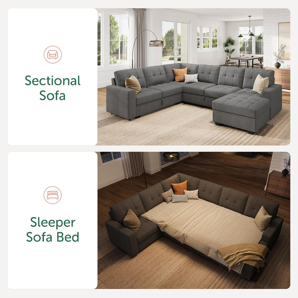 HONBAY Sleeper Sofa Bed with Storage Chaise, Sectional Couch with Pull Out Bed, U Shaped Sectional Sleeper Sofa Couch, Grey