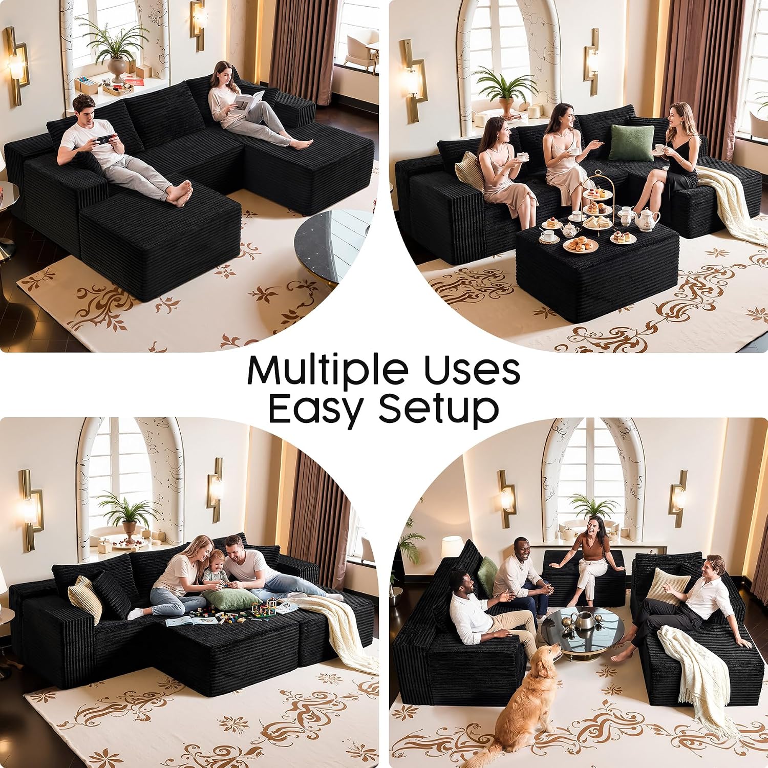 Black Sectional Couch with Ottoman, 108' Cloud Modular Couch for Living Room, Modern U-Shaped Sofa, No Assembly Required - Plush Corduroy Fabric & Deep Seat Comfort (Left Facing Chaise)