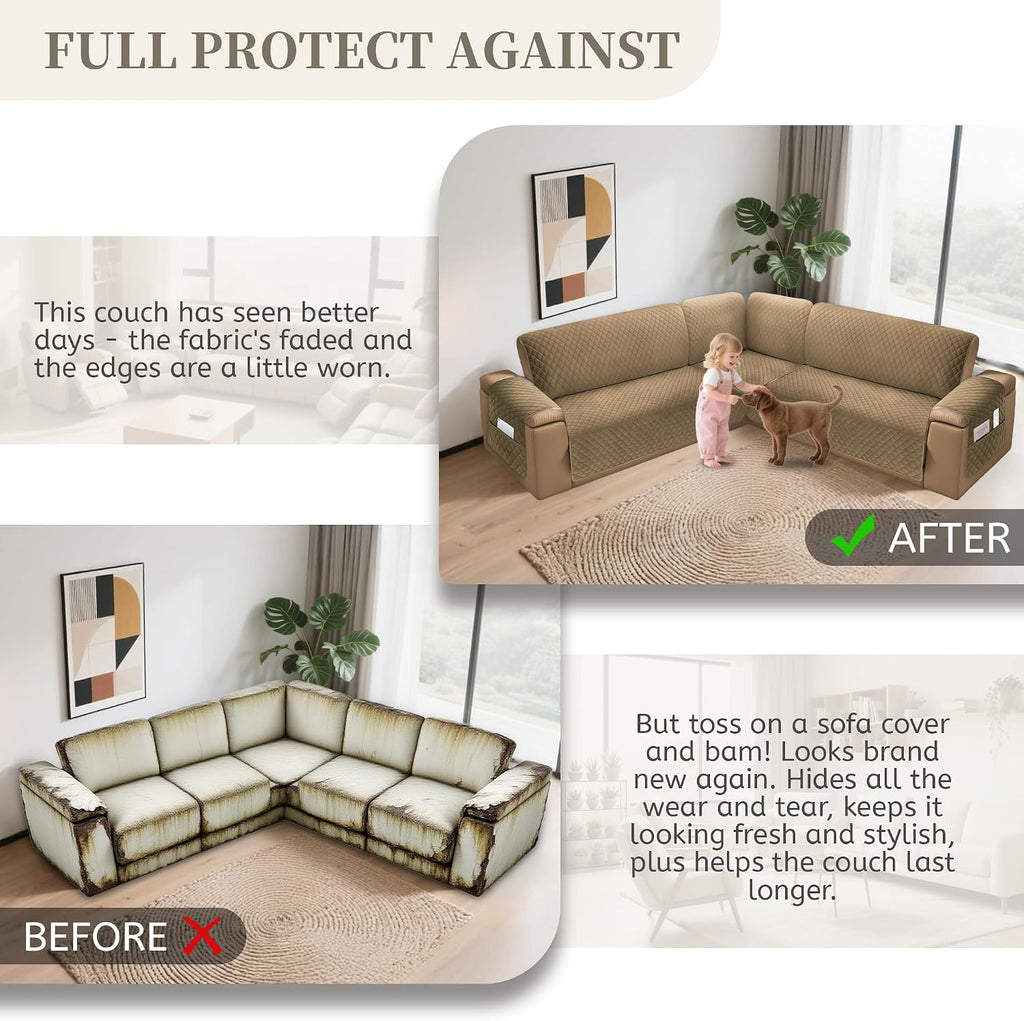 Sectional Couch Covers for Dogs 100% Waterproof Corner L Shaped Sofa Cover Pet Friendly Velvet Washable Anti Slip L Shape Modular Sofa Slipcover Protector with Pockets (Camel, X-Large)