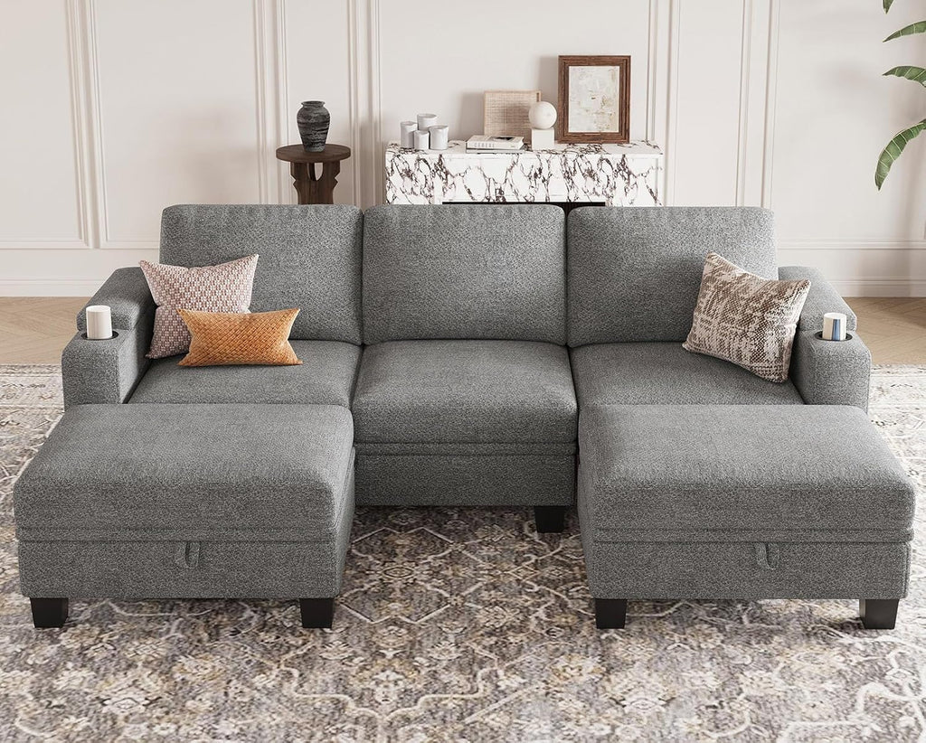 Belffin Small Corner Modular Sectional Couches for Living Room U Shaped Couch with Cup Holder Light Grey Couch
