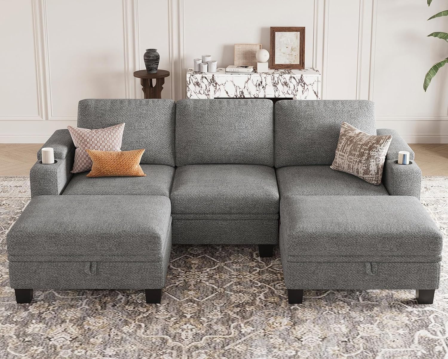 Belffin Small Corner Modular Sectional Couches for Living Room U Shaped Couch with Cup Holder Light Grey Couch