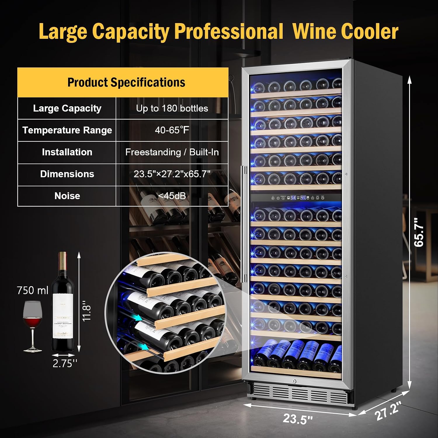 FoMup Wine Cooler Refrigerator 24 Inch, 180 Bottles Large Wine Fridge Dual Zones, Tall Freestanding/Built-in Wine Cellar Professional with Reversible Door Sliding Rail Shelves