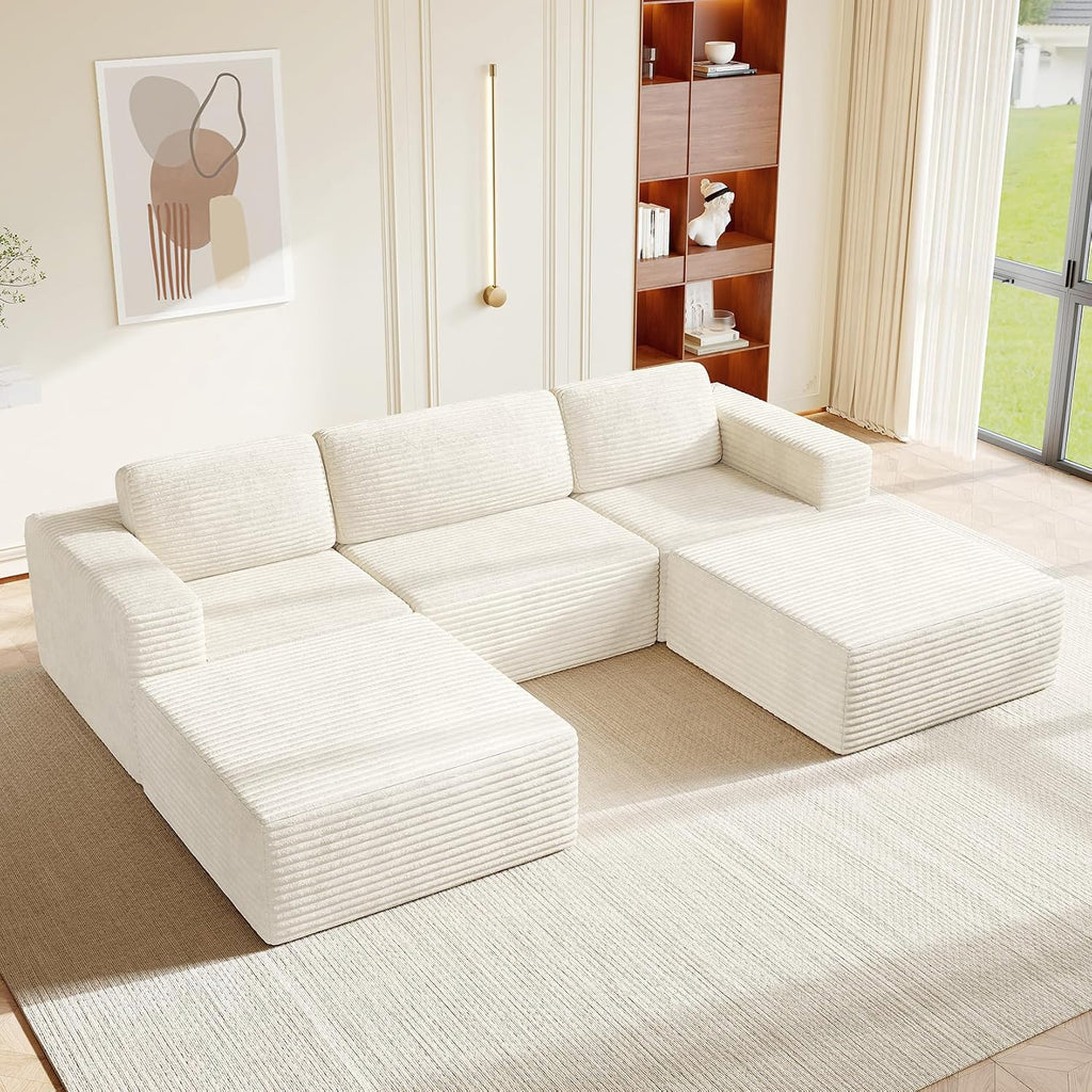 Vesgantti 119' Oversized U-Shaped Modular Sectional Sofa, Corduroy Cloud Couch with Deep Seating & Spring Support, Convertible Sofa with 2 Ottomans, Boneless Couch, No Assembly Required, Beige