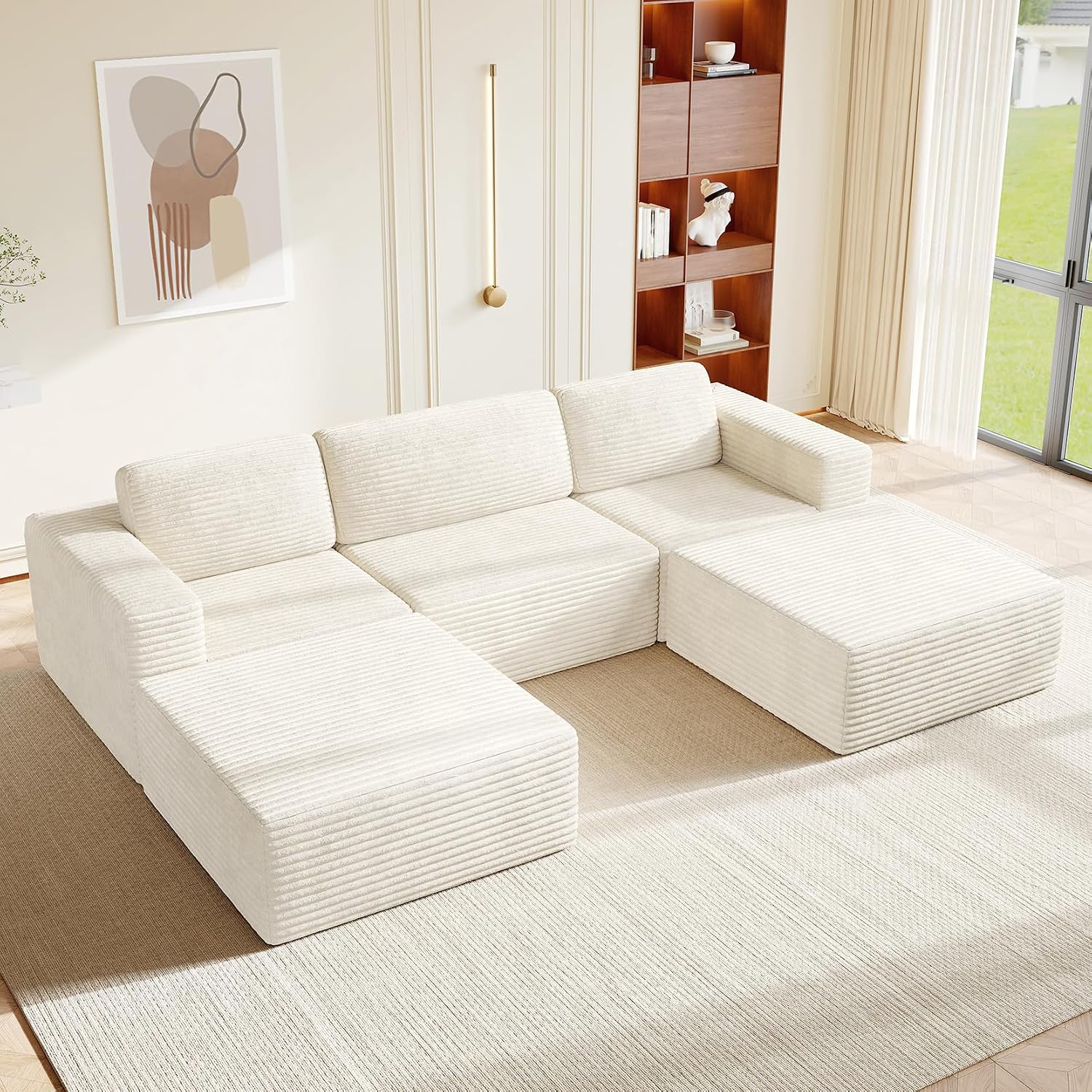 Vesgantti 119' Oversized U-Shaped Modular Sectional Sofa, Corduroy Cloud Couch with Deep Seating & Spring Support, Convertible Sofa with 2 Ottomans, Boneless Couch, No Assembly Required, Beige