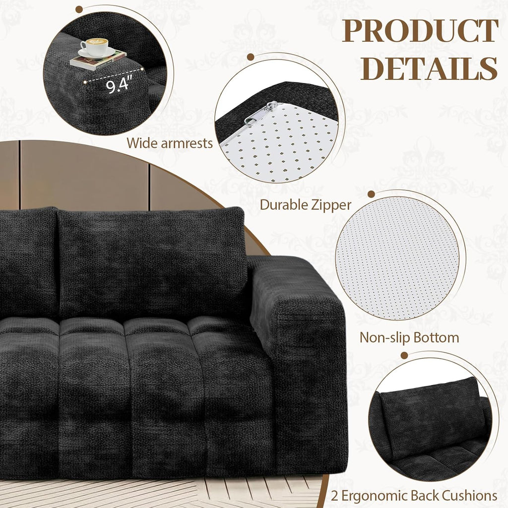 EROMMY 76'' Boneless Couch, 3 Seater Cloud for Living Room, Oversize Loveseat Sofa with Wide Armrest and 2 Back Support, No Assembly Required Chenille Soft Sofa, Black