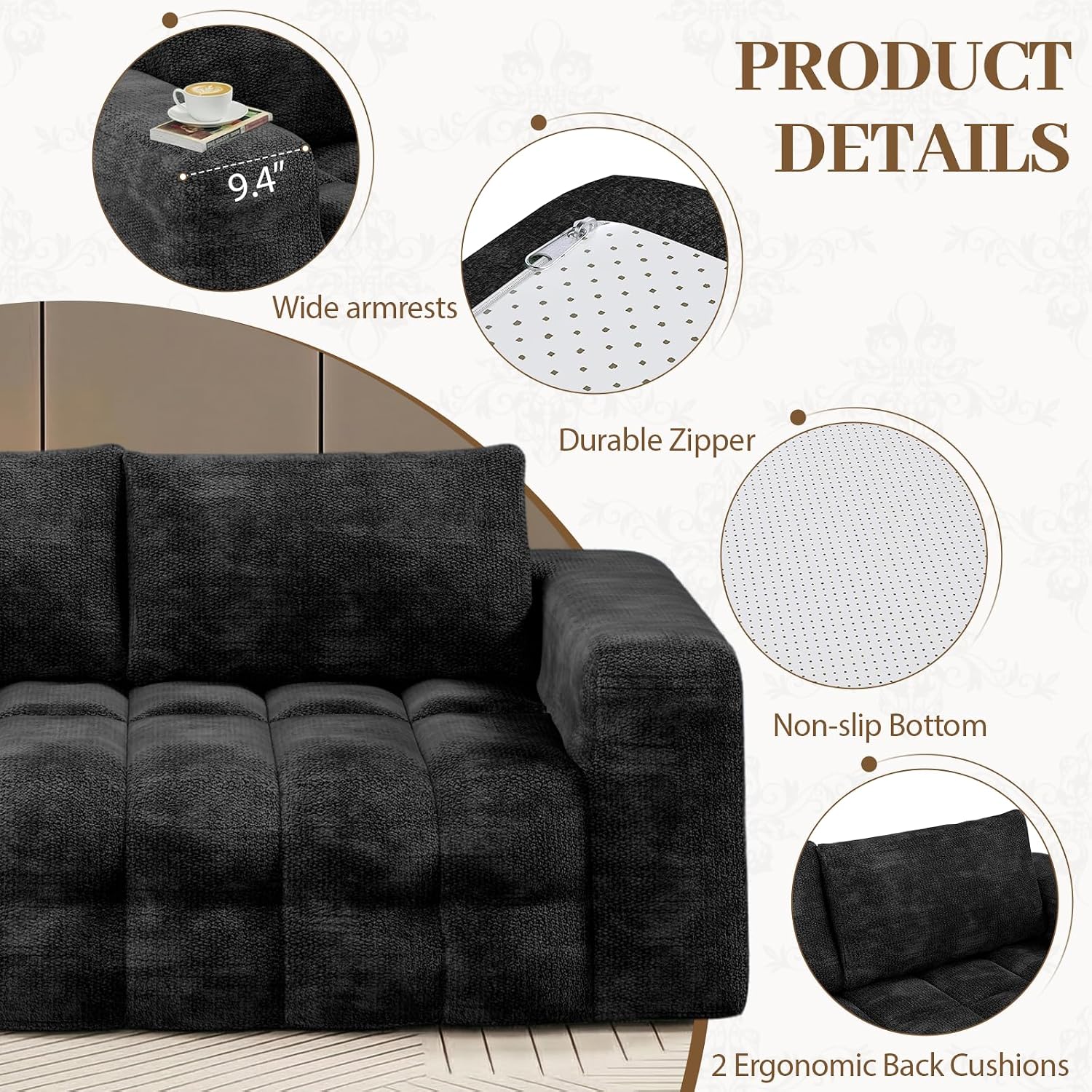 EROMMY 76'' Boneless Couch, 3 Seater Cloud for Living Room, Oversize Loveseat Sofa with Wide Armrest and 2 Back Support, No Assembly Required Chenille Soft Sofa, Black
