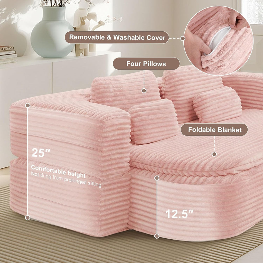 75'' Folding Sleeper Sofa Bed, Convertible Memory Foam Boneless Couch, Foldable Full Size Guest Bed, Modern 2-in-1 Futon Floor Sleeper Sofa with 4 Pillows and Blanket (Corduroy, Pink)