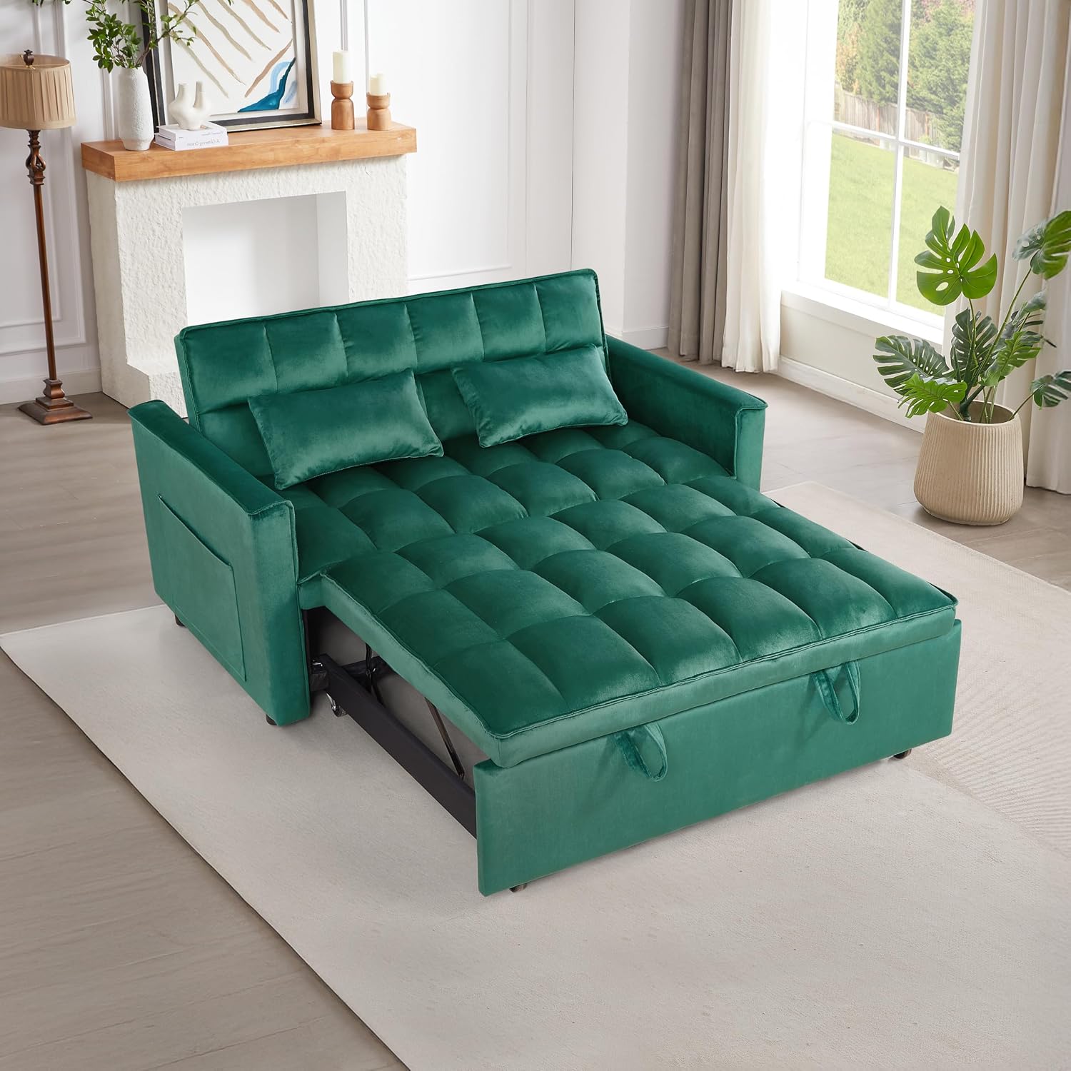 3 in 1 Convertible Sleeper Sofa Bed, 54'' Full Size Velvet Pull Out Futon Couch Recliner with Reclining Backrest & 2 Pillows, Small Loveseat Lounge Couches for Small Spaces (Dark Green)