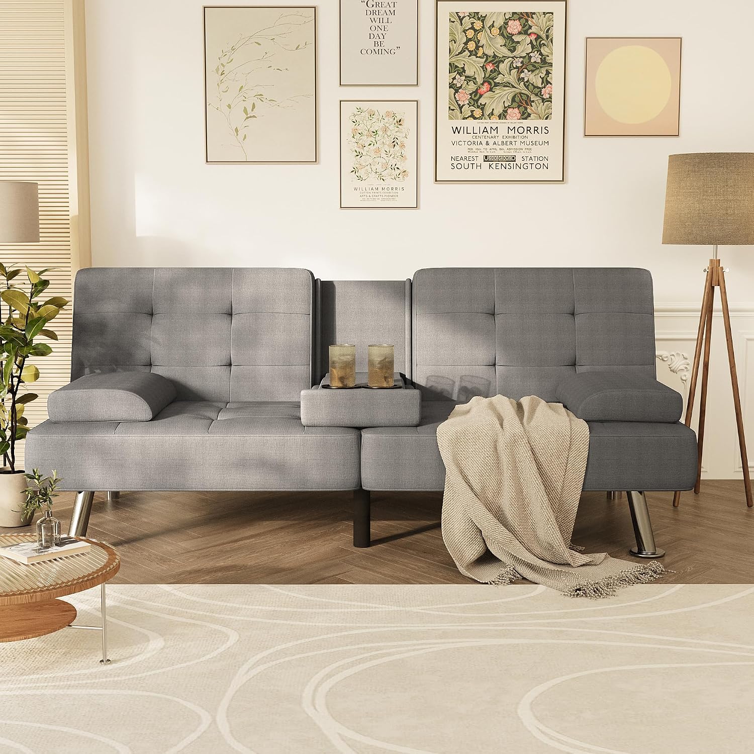 Homall Futon Sofa Bed, Futon Couch with Removable Armrests, Adjustable Recliner Sleeper Sofa Bed with Dual Cup Holders for Living Room, Apartment, Office (Fabric, Light Grey)